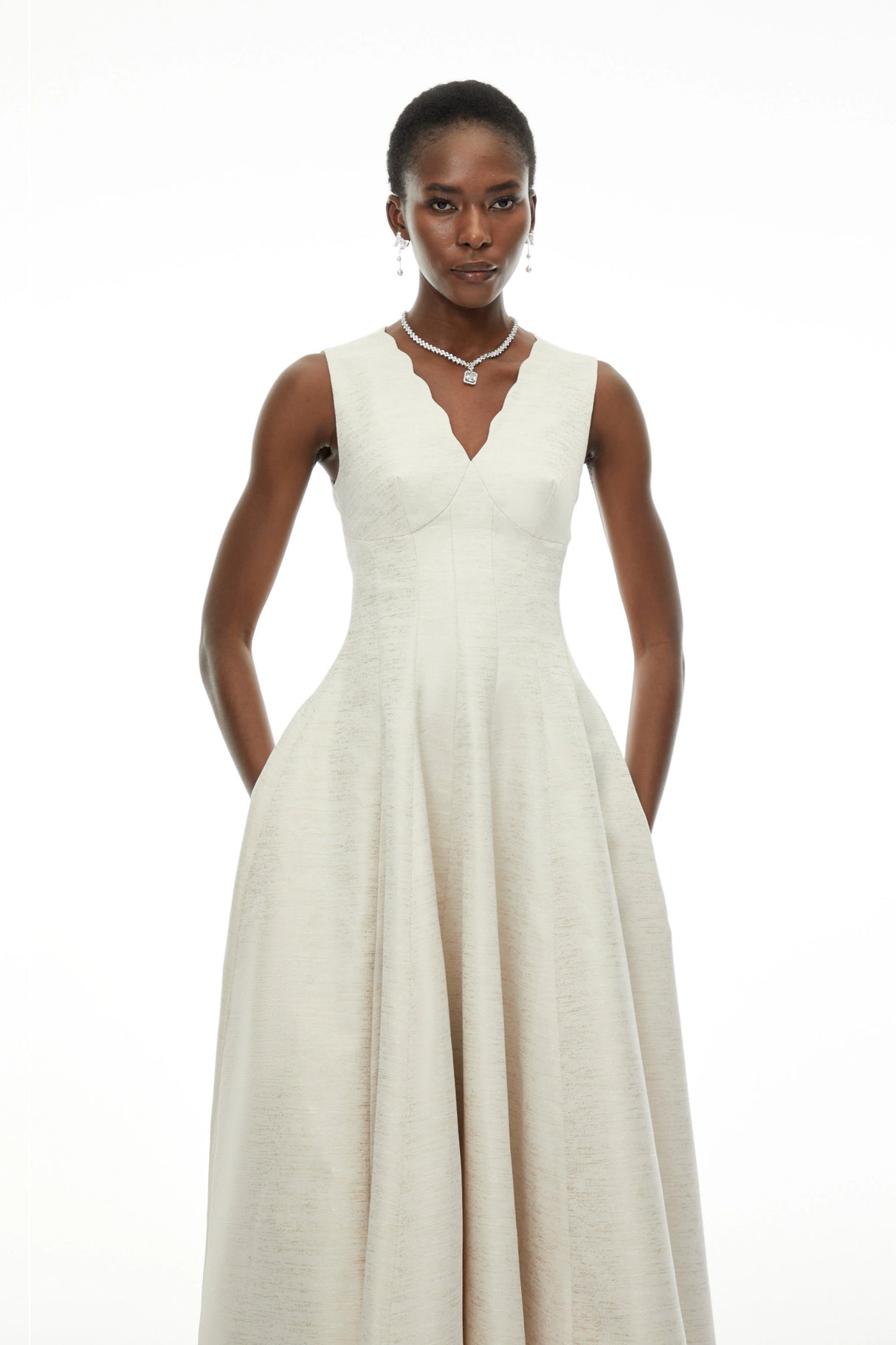 Florence Cream VNeck Flared Satin Maxi Dress