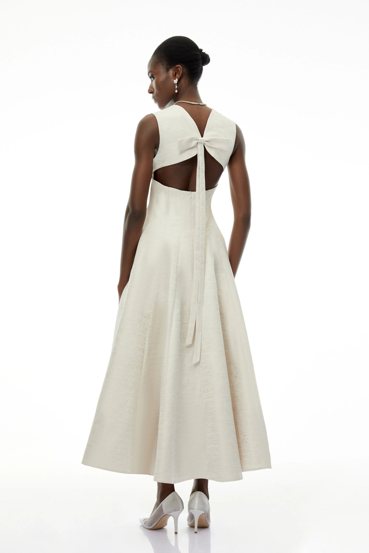 Florence Cream VNeck Flared Satin Maxi Dress