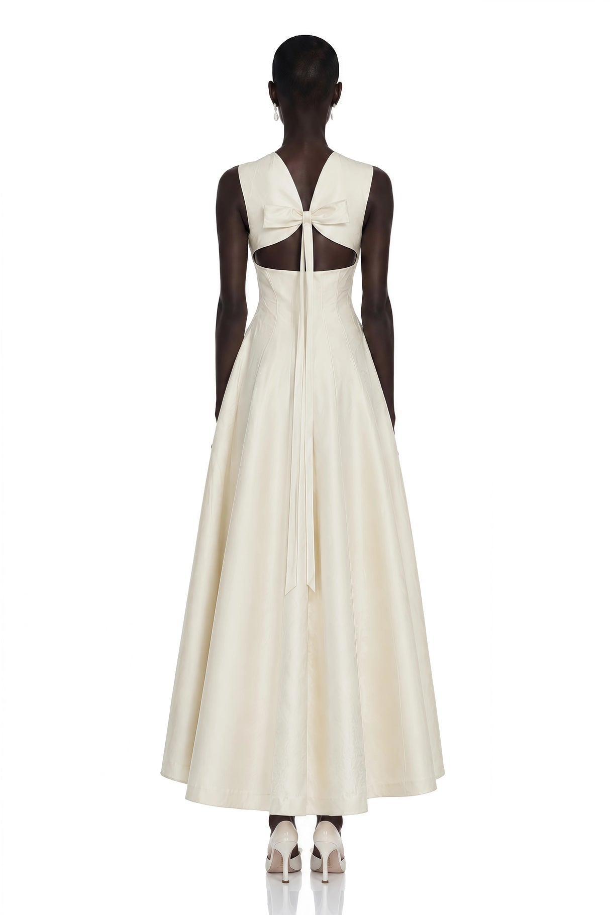Florence Cream VNeck Flared Satin Maxi Dress