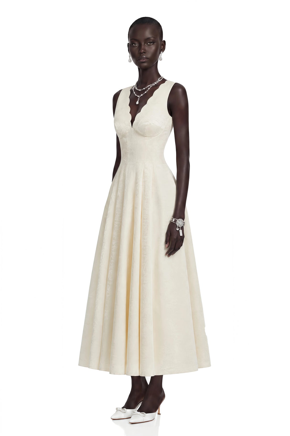 Florence Cream VNeck Flared Satin Maxi Dress
