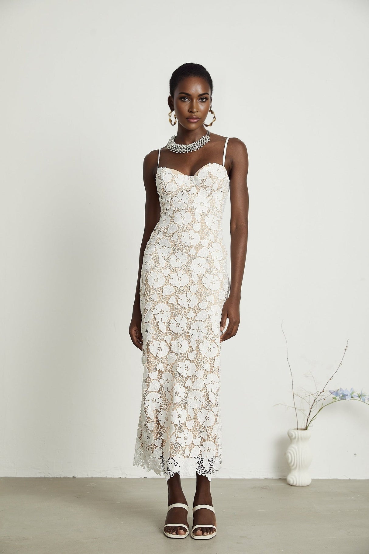 Florence Midi Dress - Sleeveless Design - Spaghetti Straps - Floral Embroidery - Back Slit