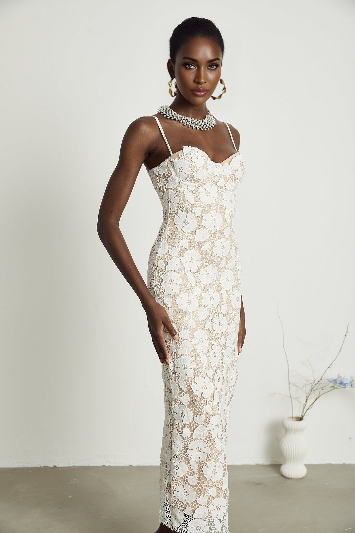 Florence Midi Dress - Sleeveless Design - Spaghetti Straps - Floral Embroidery - Back Slit