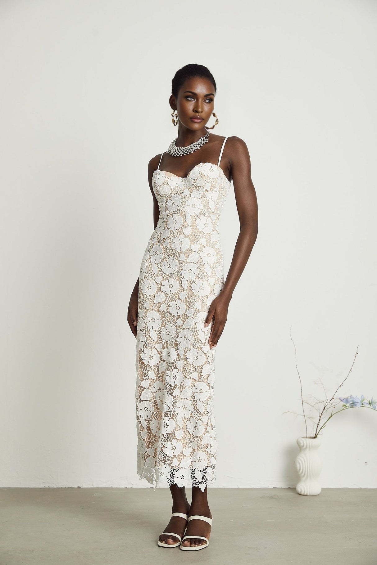 Florence Midi Dress - Sleeveless Design - Spaghetti Straps - Floral Embroidery - Back Slit