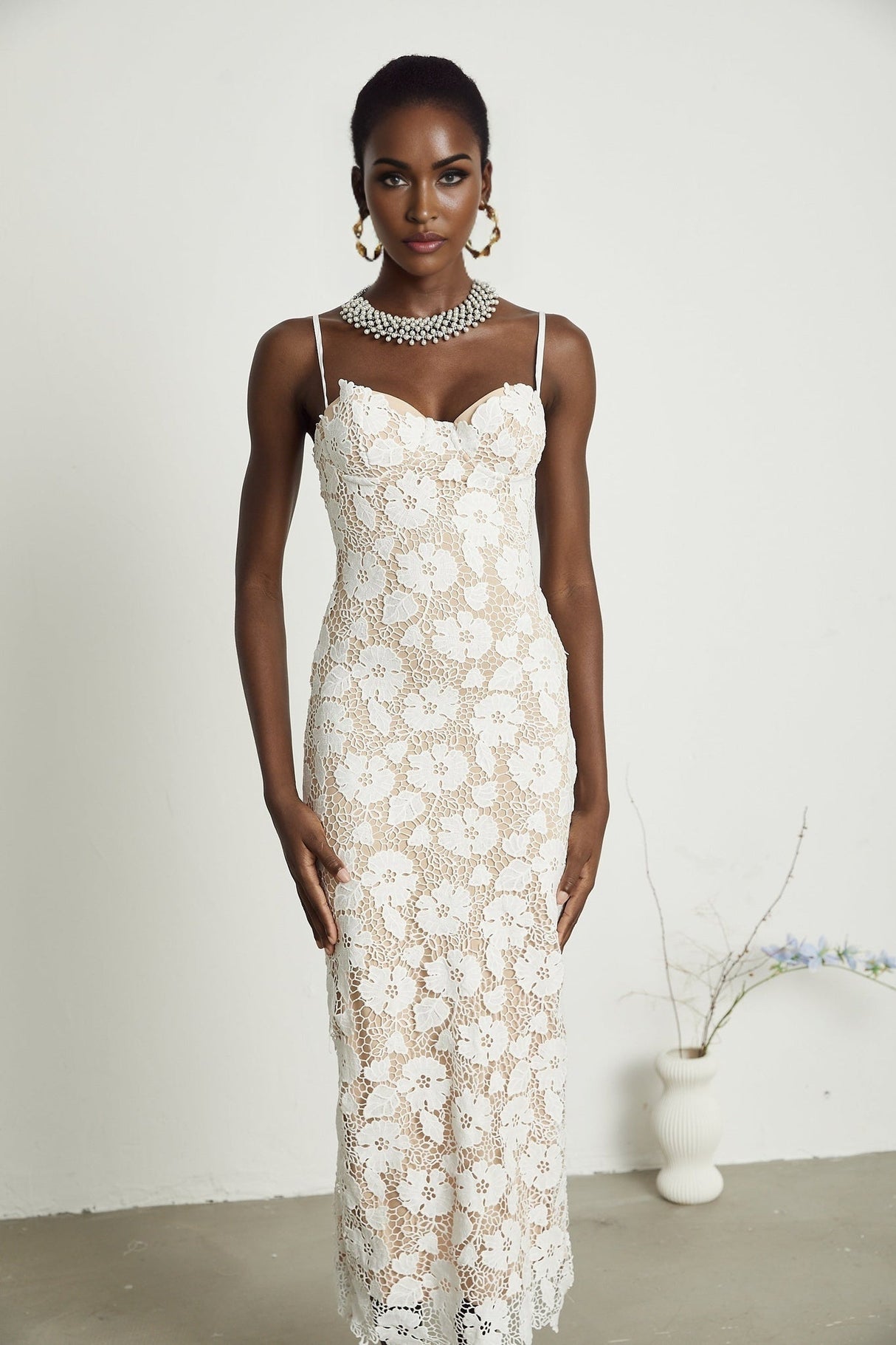 Florence Midi Dress - Sleeveless Design - Spaghetti Straps - Floral Embroidery - Back Slit