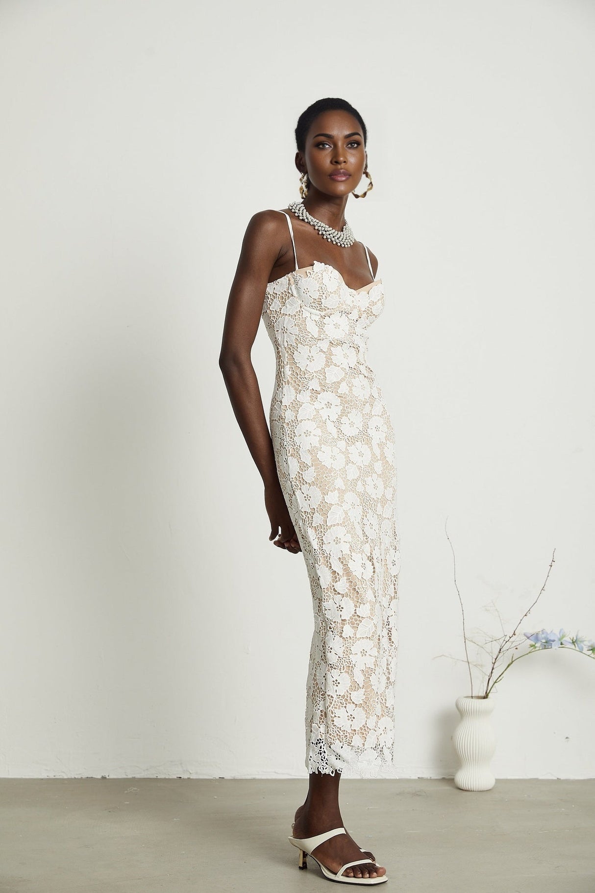 Florence Midi Dress - Sleeveless Design - Spaghetti Straps - Floral Embroidery - Back Slit