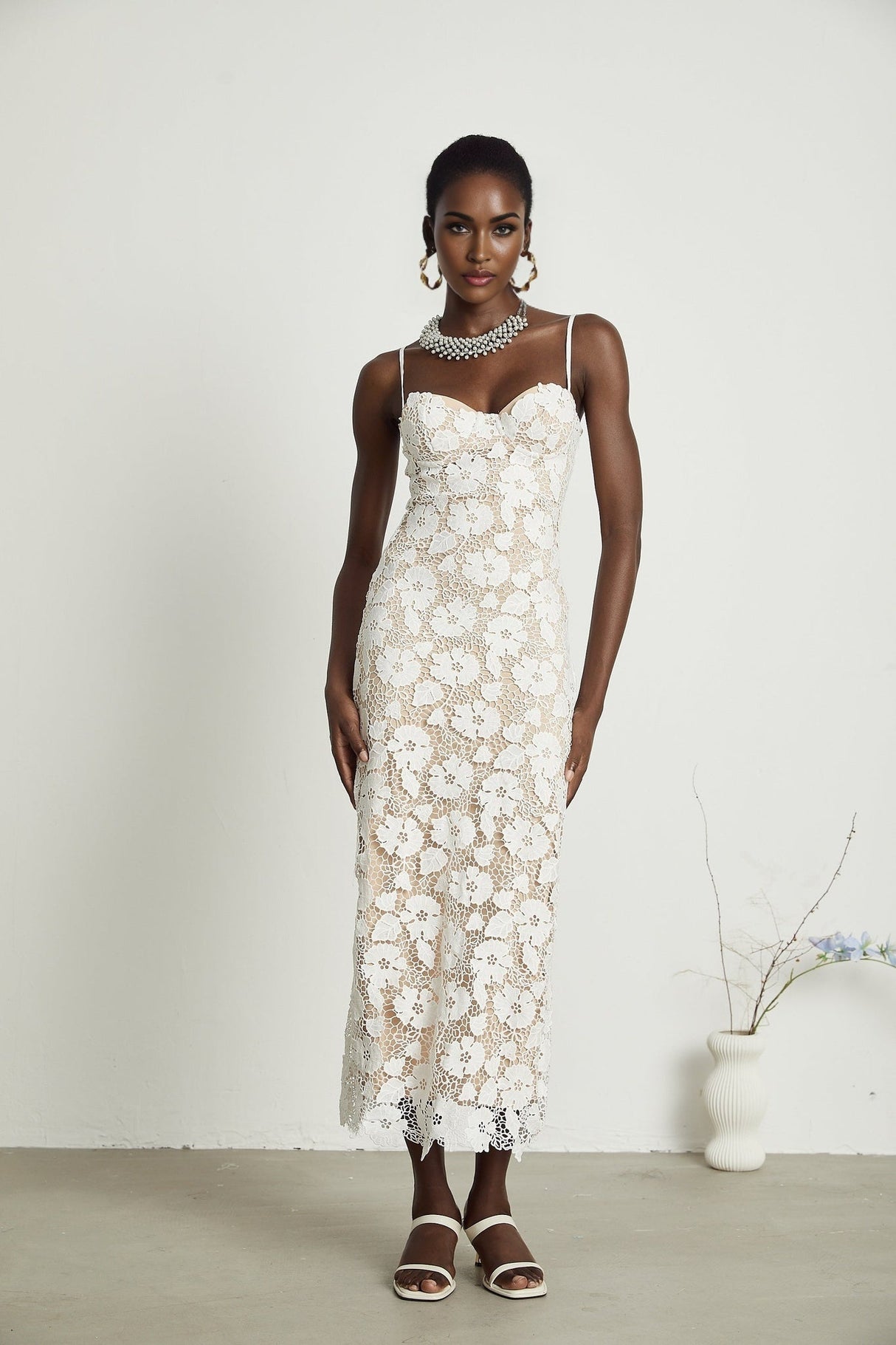 Florence Midi Dress - Sleeveless Design - Spaghetti Straps - Floral Embroidery - Back Slit