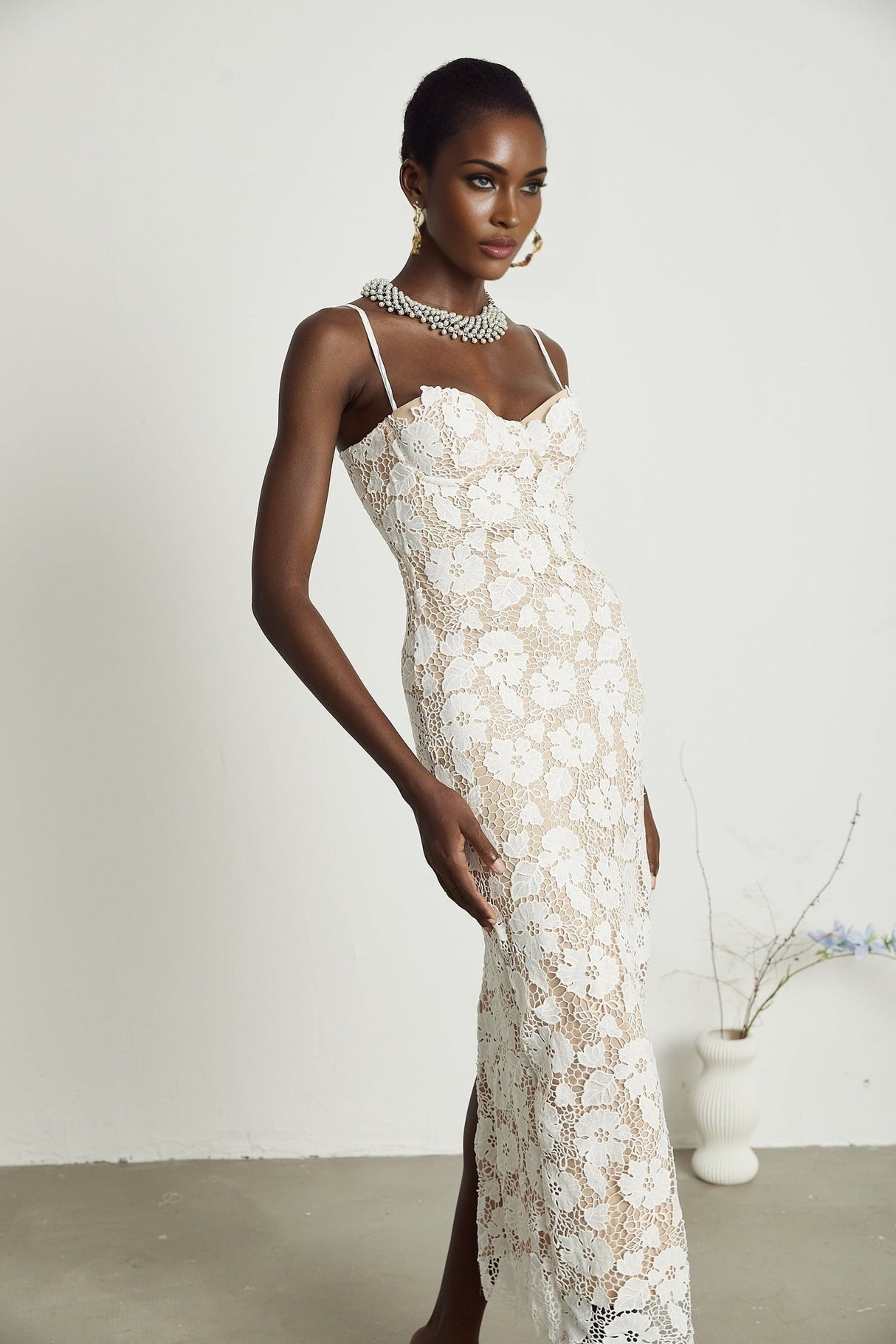 Florence Midi Dress - Sleeveless Design - Spaghetti Straps - Floral Embroidery - Back Slit