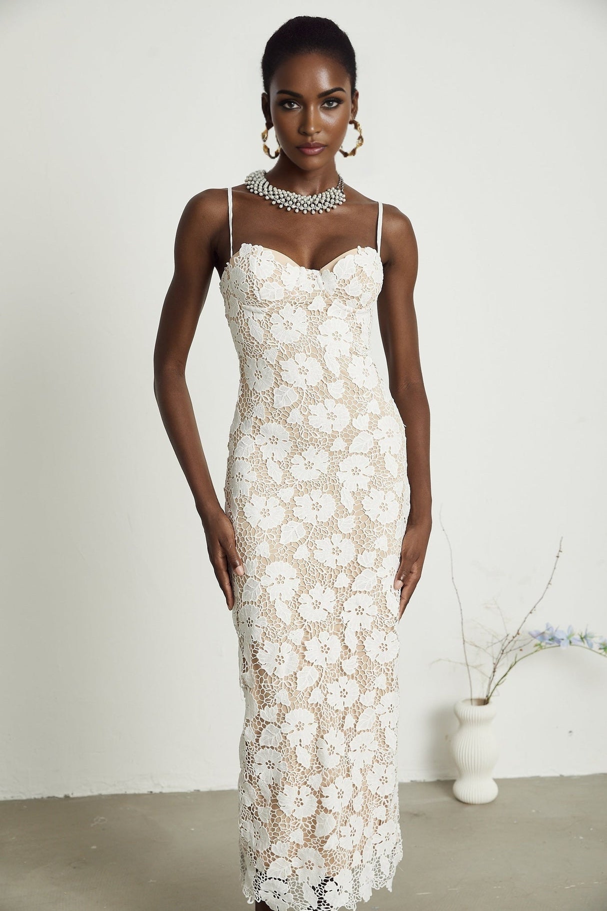 Florence Midi Dress - Sleeveless Design - Spaghetti Straps - Floral Embroidery - Back Slit