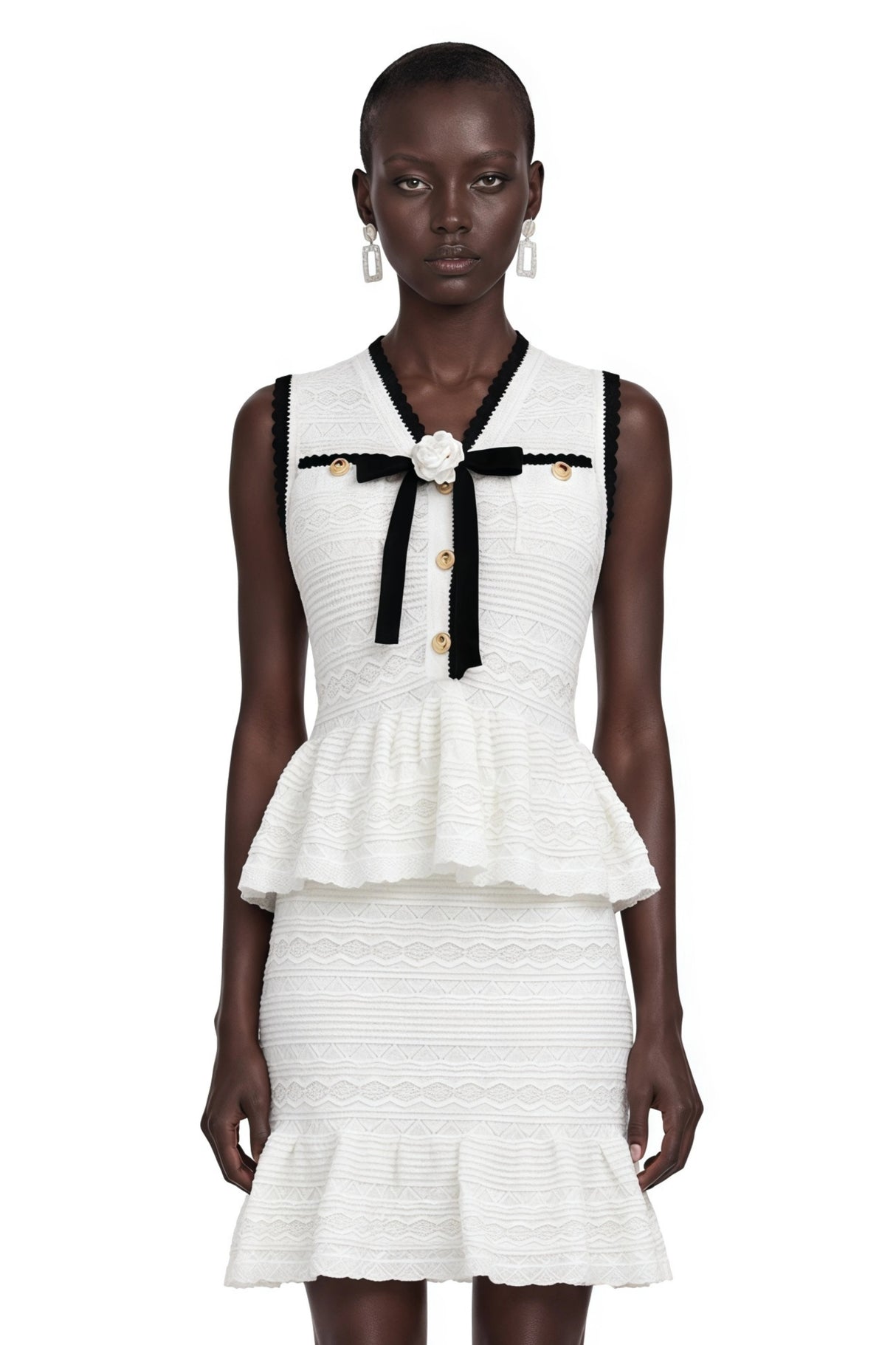 Florence White Knit Ruffled Mini Dress with Bow