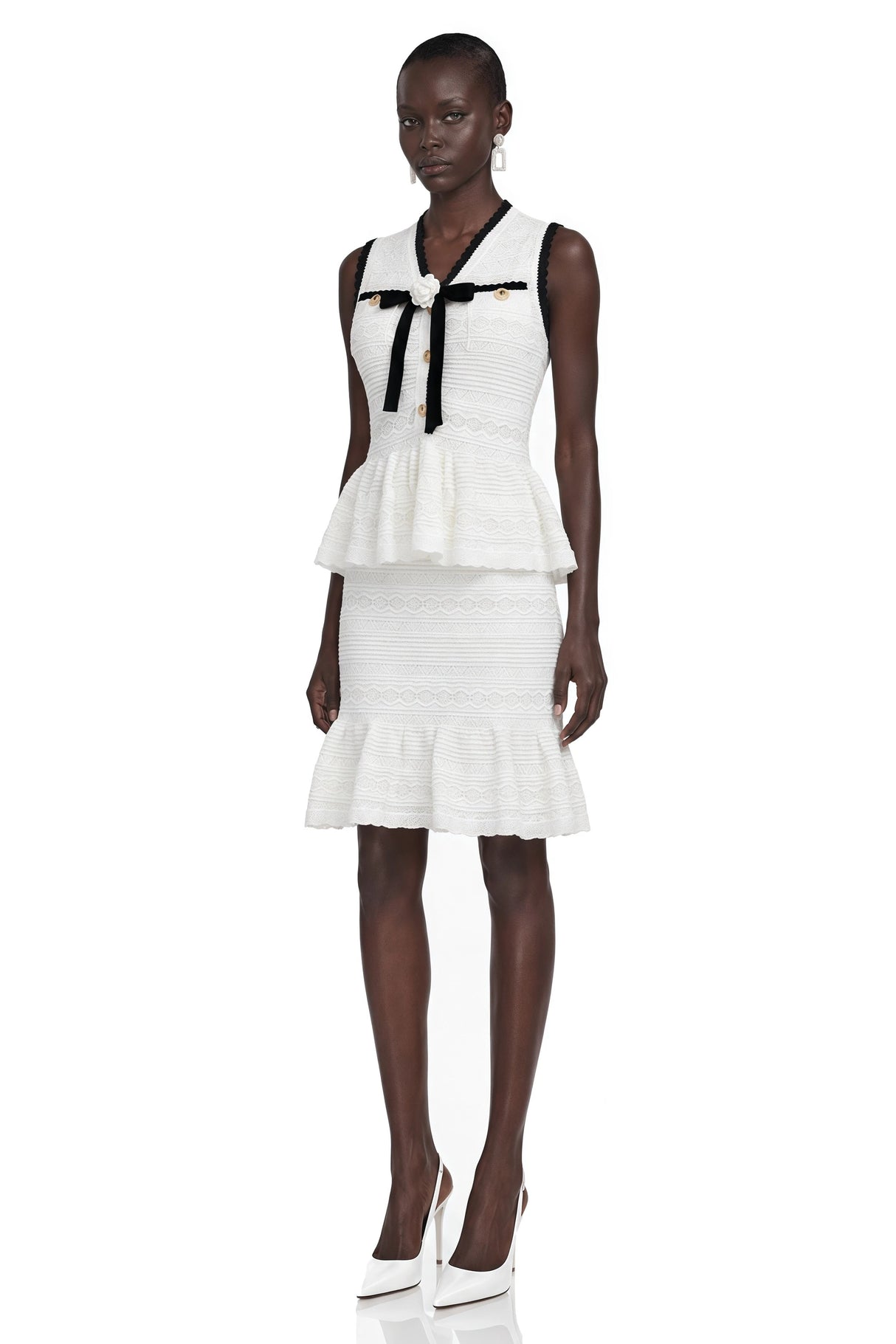 Florence White Knit Ruffled Mini Dress with Bow