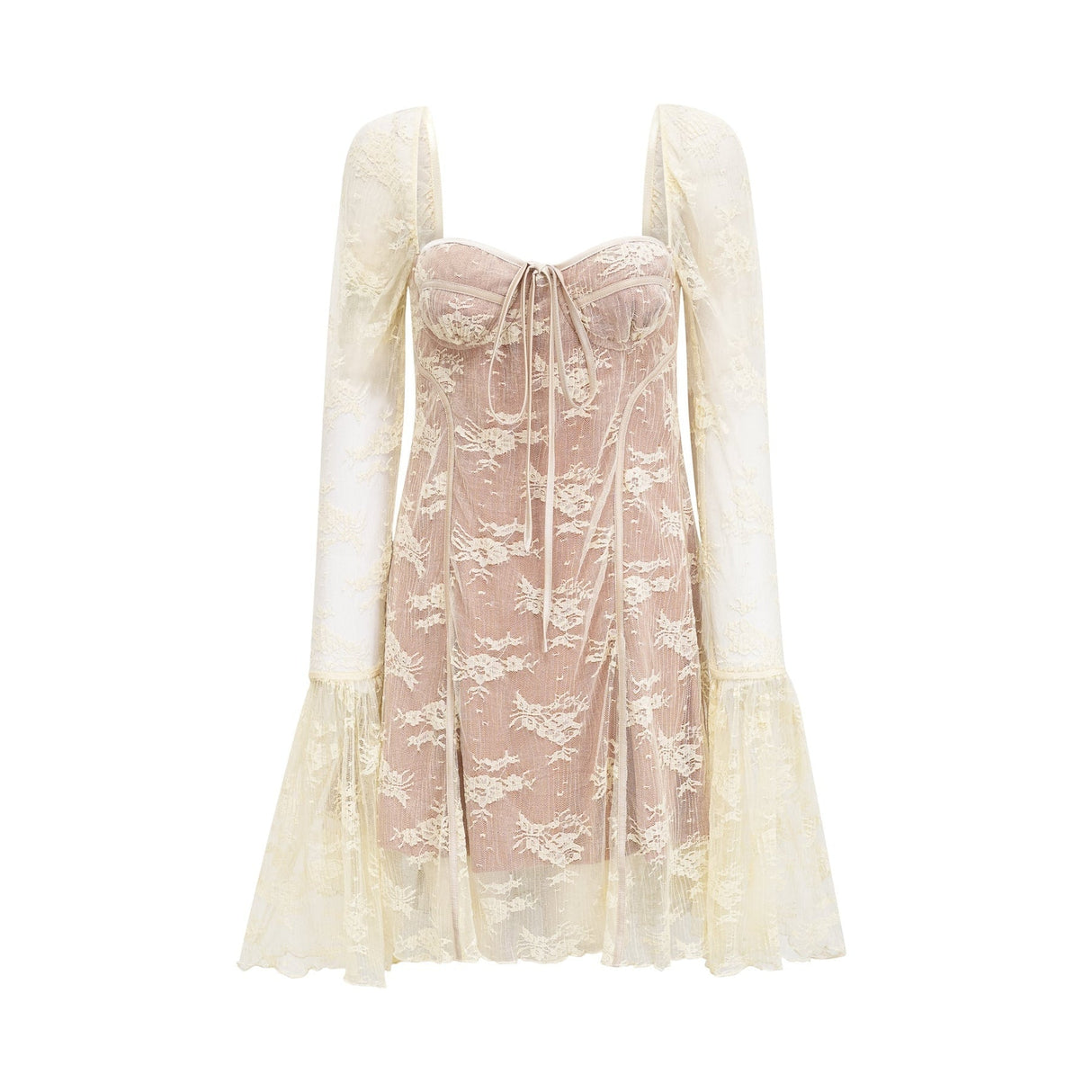 Fortuna Long Sleeved Dress - Lace Detailing - Square Neck - Mesh Design - Bustier Style