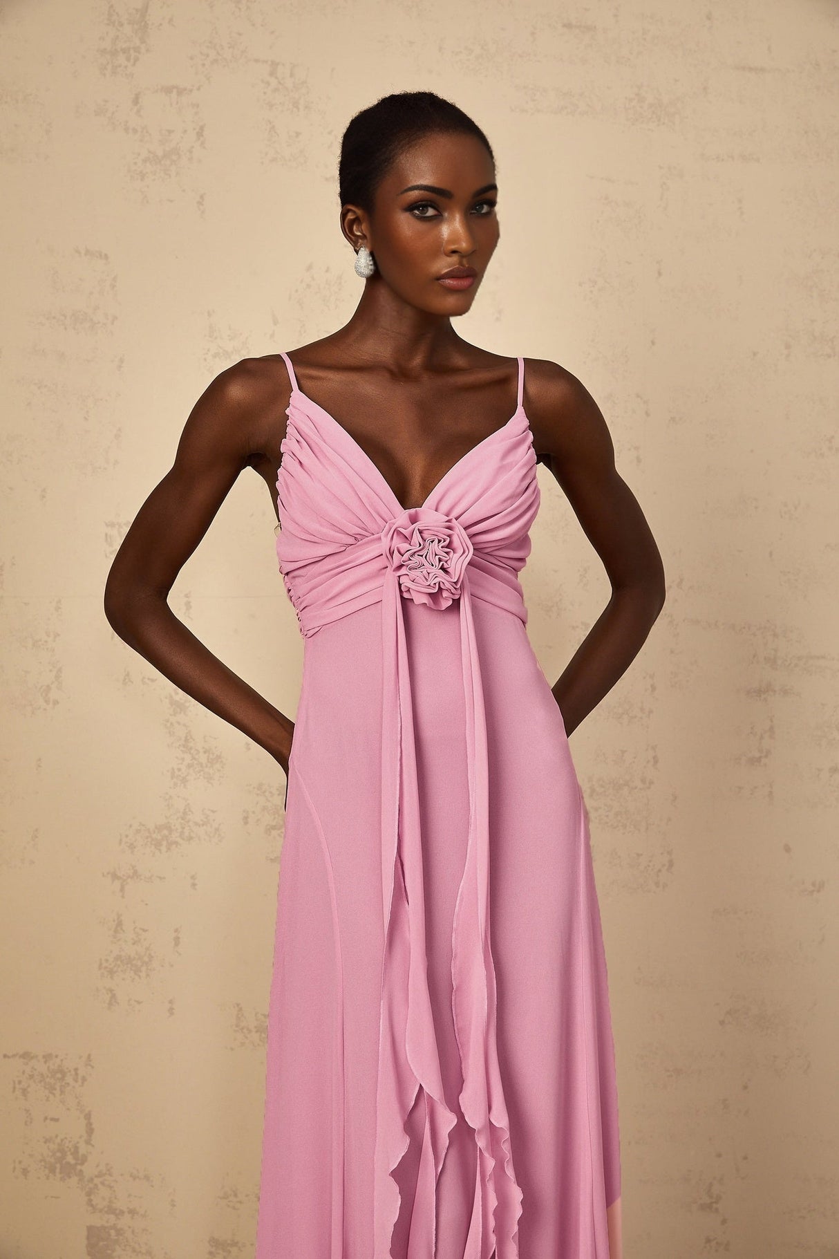 Fortuna Maxi Dress - Rose Pink Floral V - Neck Ribbon Detail