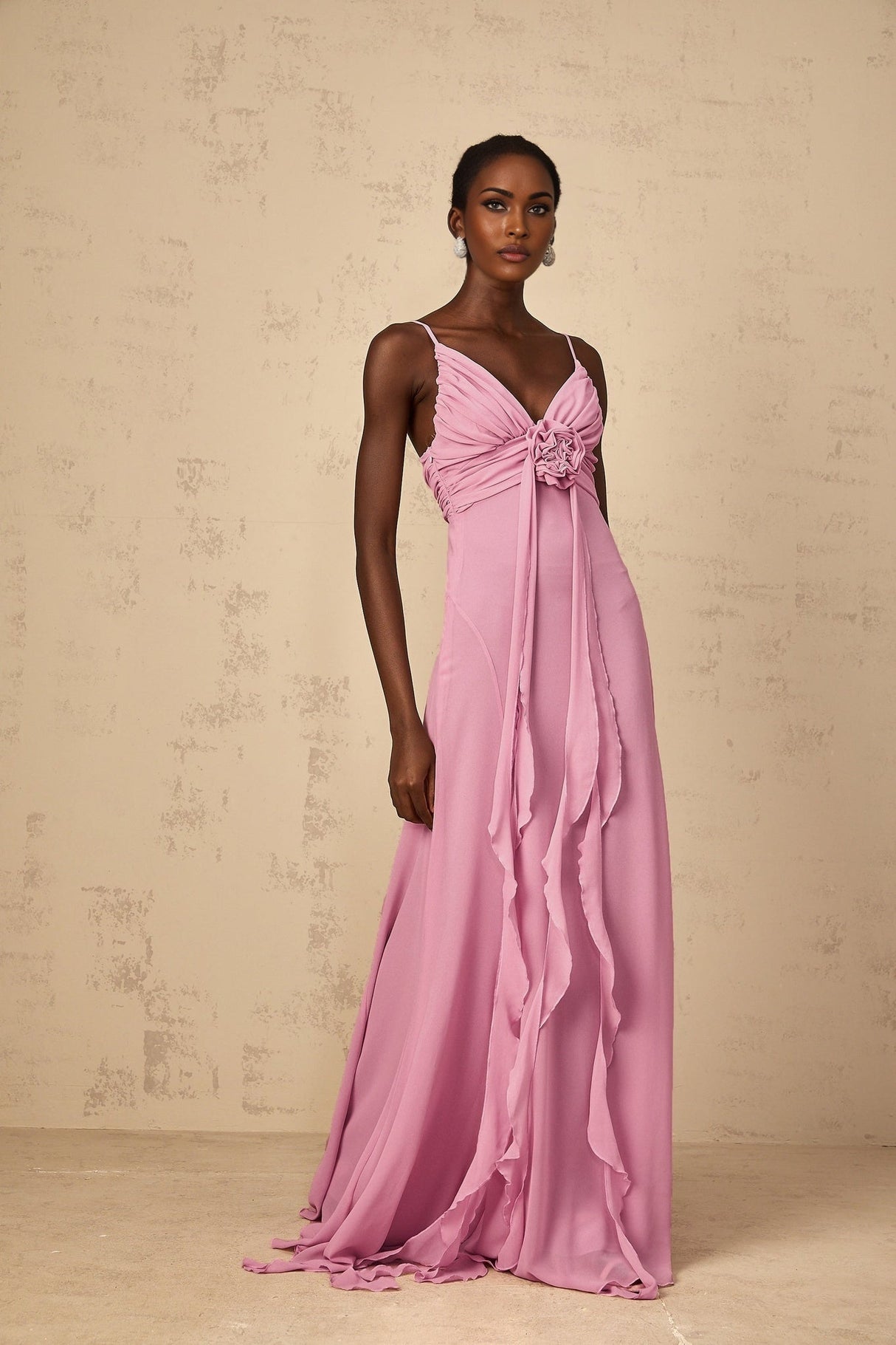 Fortuna Maxi Dress - Rose Pink Floral V - Neck Ribbon Detail