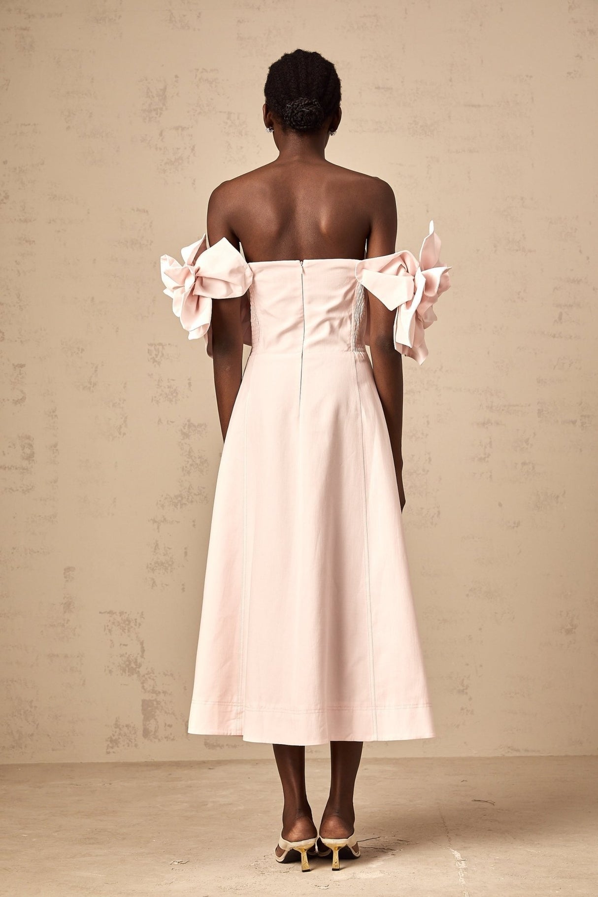 Fortuna Midi Dress - Off the Shoulder - Cinched Waist - 3D Petal Detailing - Flared Hem - Rear Zip Fastening