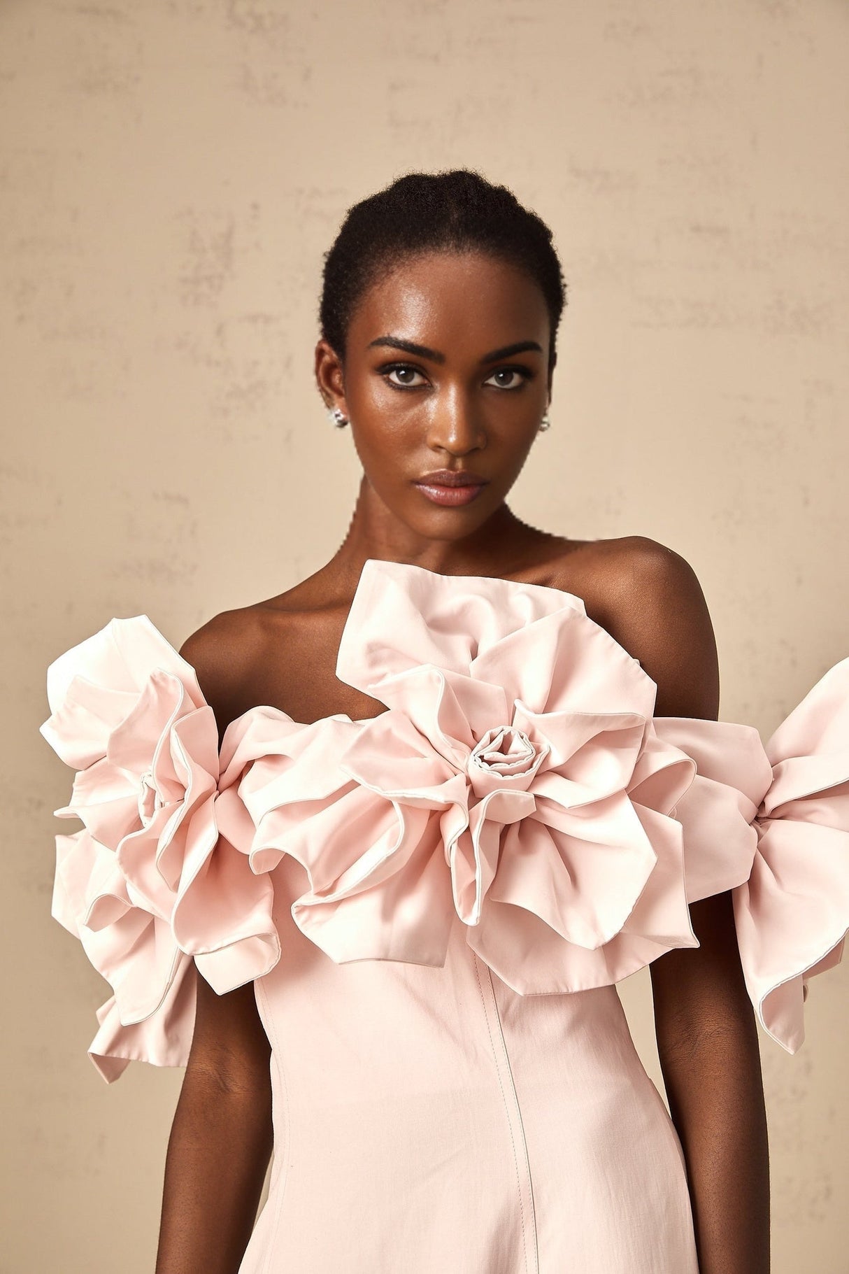 Fortuna Midi Dress - Off the Shoulder - Cinched Waist - 3D Petal Detailing - Flared Hem - Rear Zip Fastening