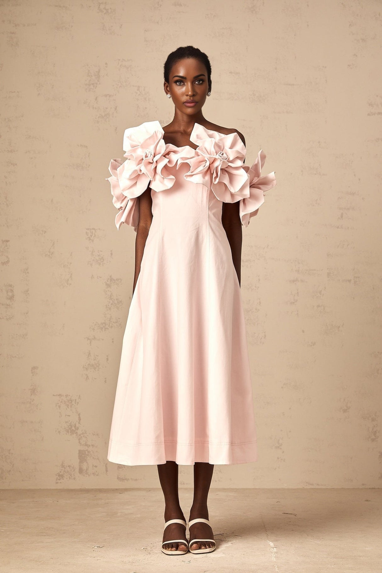 Fortuna Midi Dress - Off the Shoulder - Cinched Waist - 3D Petal Detailing - Flared Hem - Rear Zip Fastening