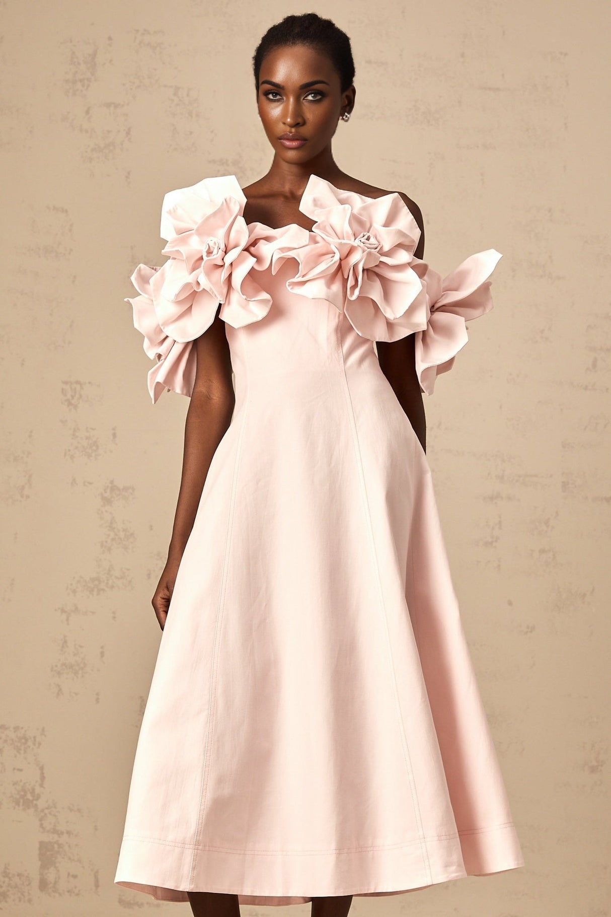 Fortuna Midi Dress - Off the Shoulder - Cinched Waist - 3D Petal Detailing - Flared Hem - Rear Zip Fastening