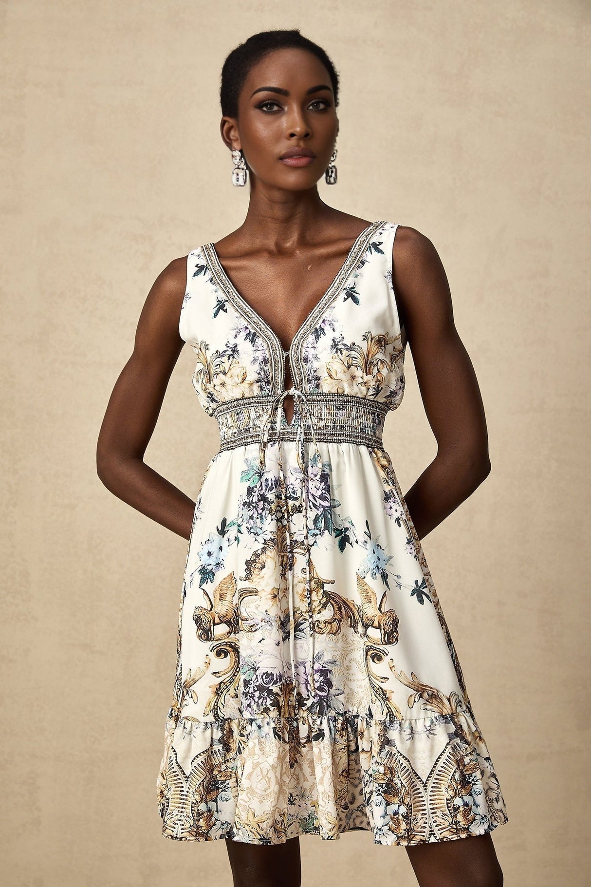 Fortuna Mini Dress - V - neckline - Cinched waist - Ruffled detailing - Floral