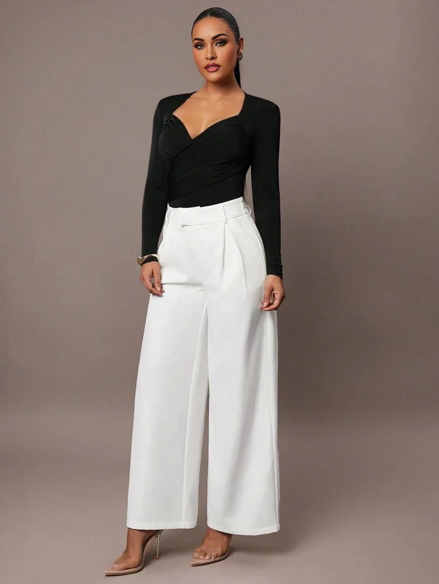 Fortunata Bodysuit - High Stretch Elasticity - Casual Style - Long Sleeve Length - Criss Cross, Ruched, Wrap - Slim Fit - Sweetheart Neckline