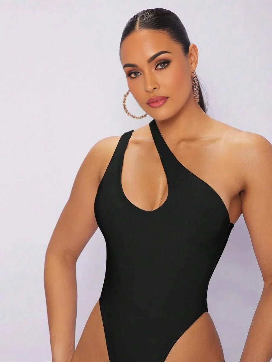 Fortunata Bodysuit - High Stretch Fabric - Slim Fit - Asymmetrical Neckline - Casual Style - Sleeveless - Natural Waist - Slit - Premium Quality