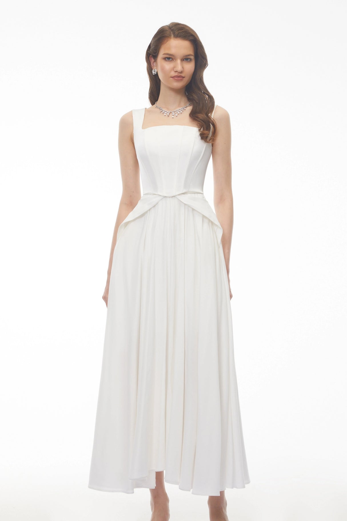 Forugh White Pleated Satin Maxi Dress