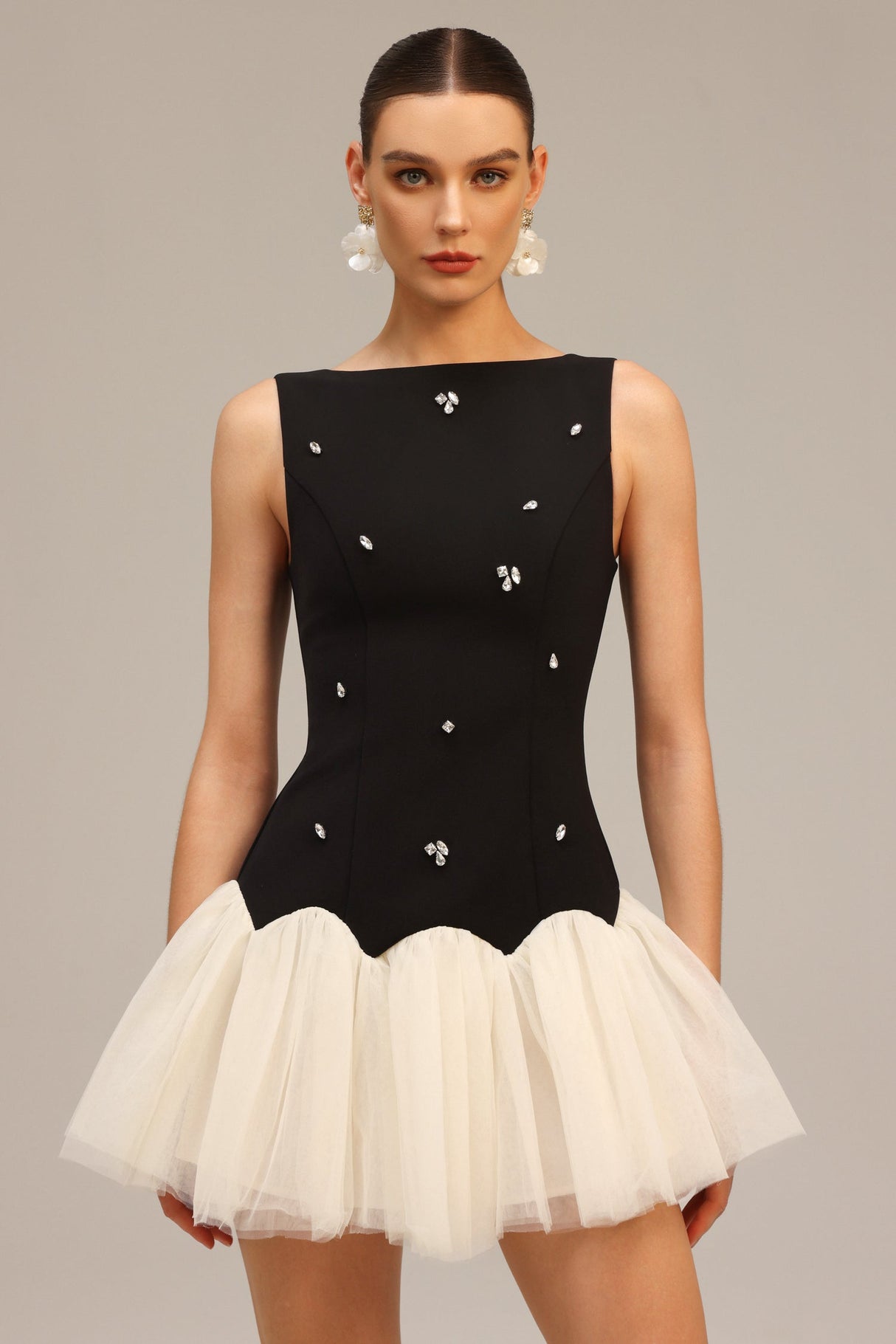 Franca Black Diamond Embellished Tulle Mini Dress