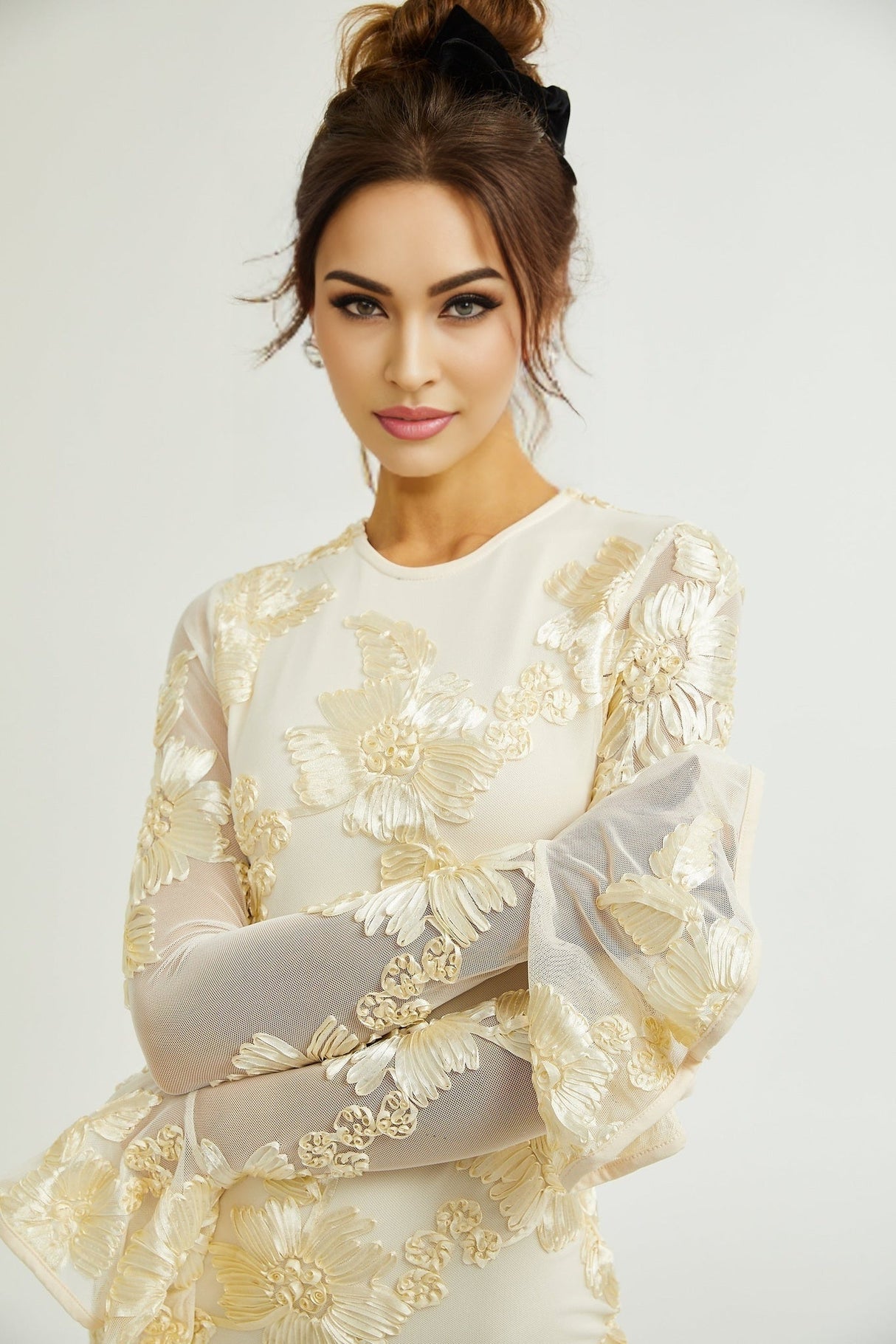 Franca Dress – Long Sleeves – Floral Embroidery – Mesh Detailing