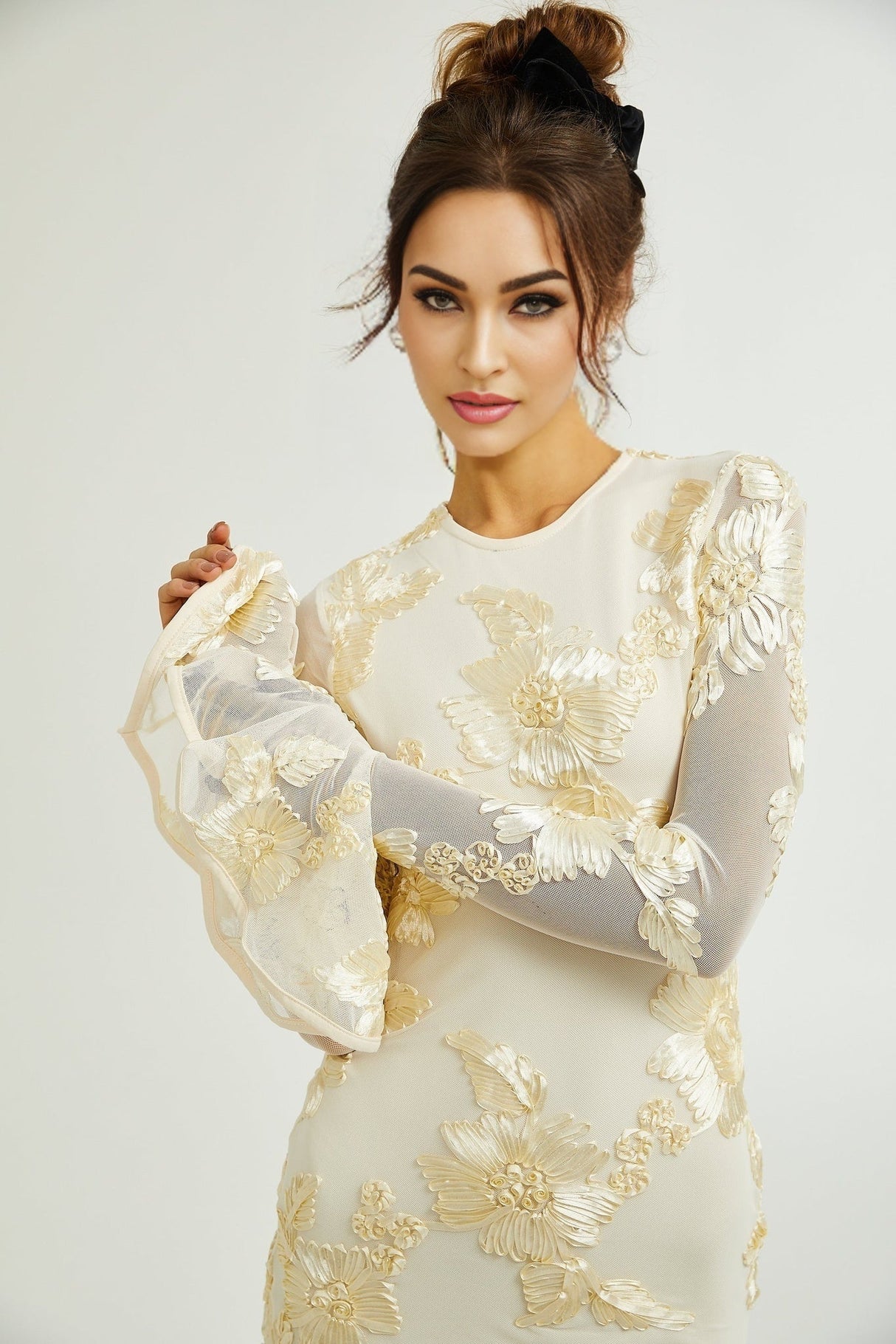 Franca Dress – Long Sleeves – Floral Embroidery – Mesh Detailing