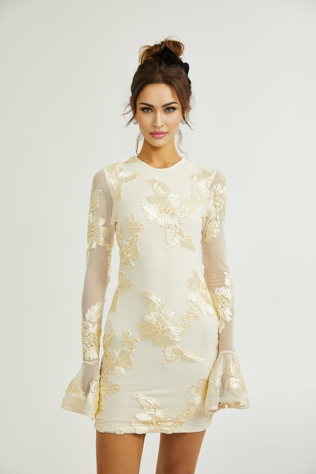 Franca Dress – Long Sleeves – Floral Embroidery – Mesh Detailing
