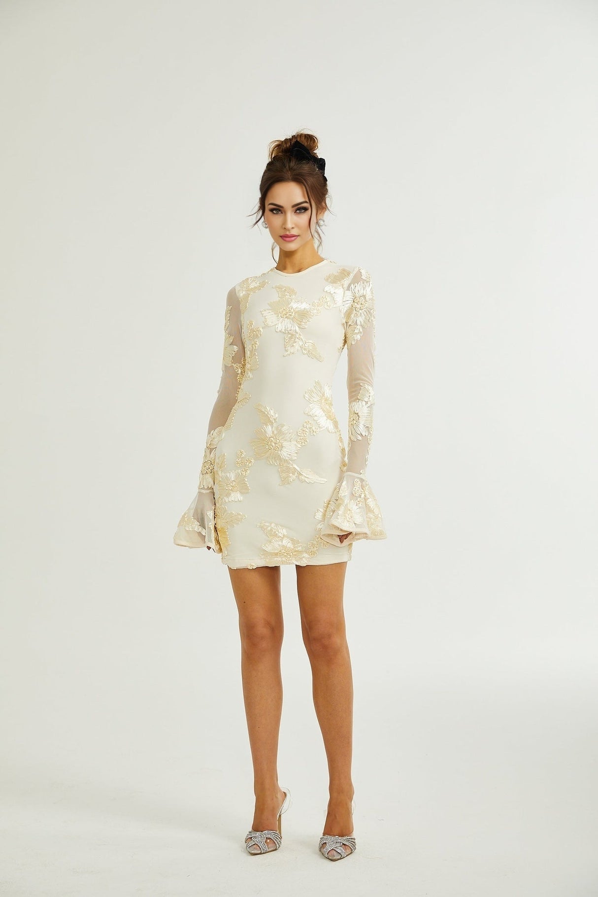 Franca Dress – Long Sleeves – Floral Embroidery – Mesh Detailing