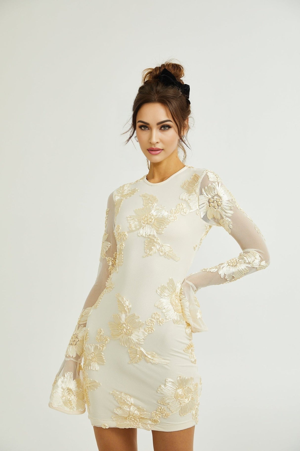 Franca Dress – Long Sleeves – Floral Embroidery – Mesh Detailing