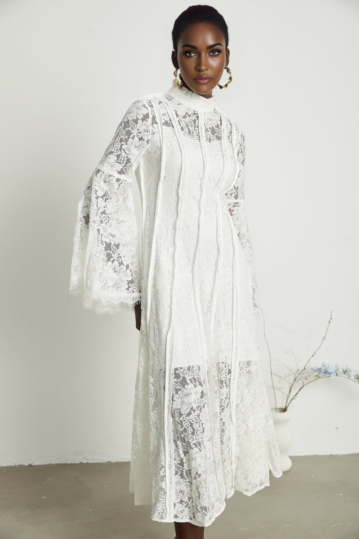 Franca Midi Dress - Flared Sleeves - Lace Trim - Cut - Out Design - A - Line Silhouette