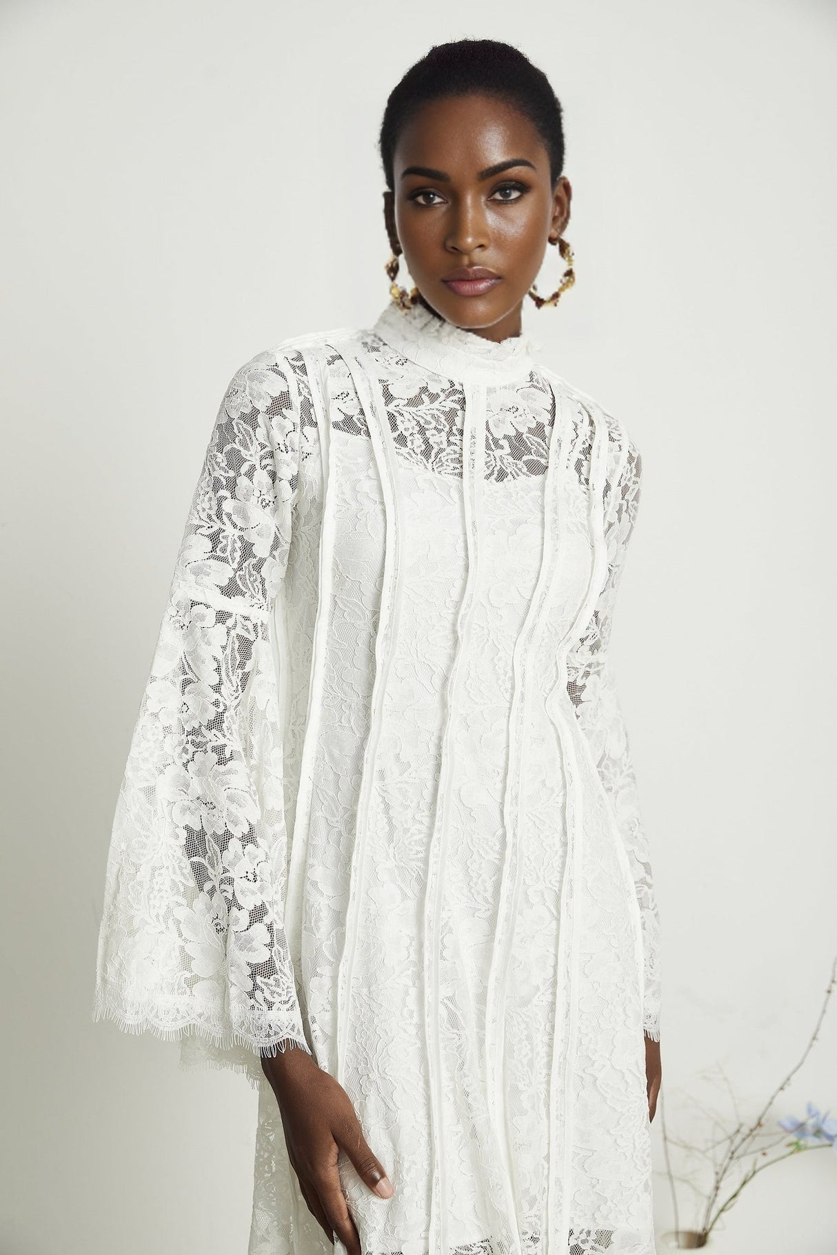 Franca Midi Dress - Flared Sleeves - Lace Trim - Cut - Out Design - A - Line Silhouette