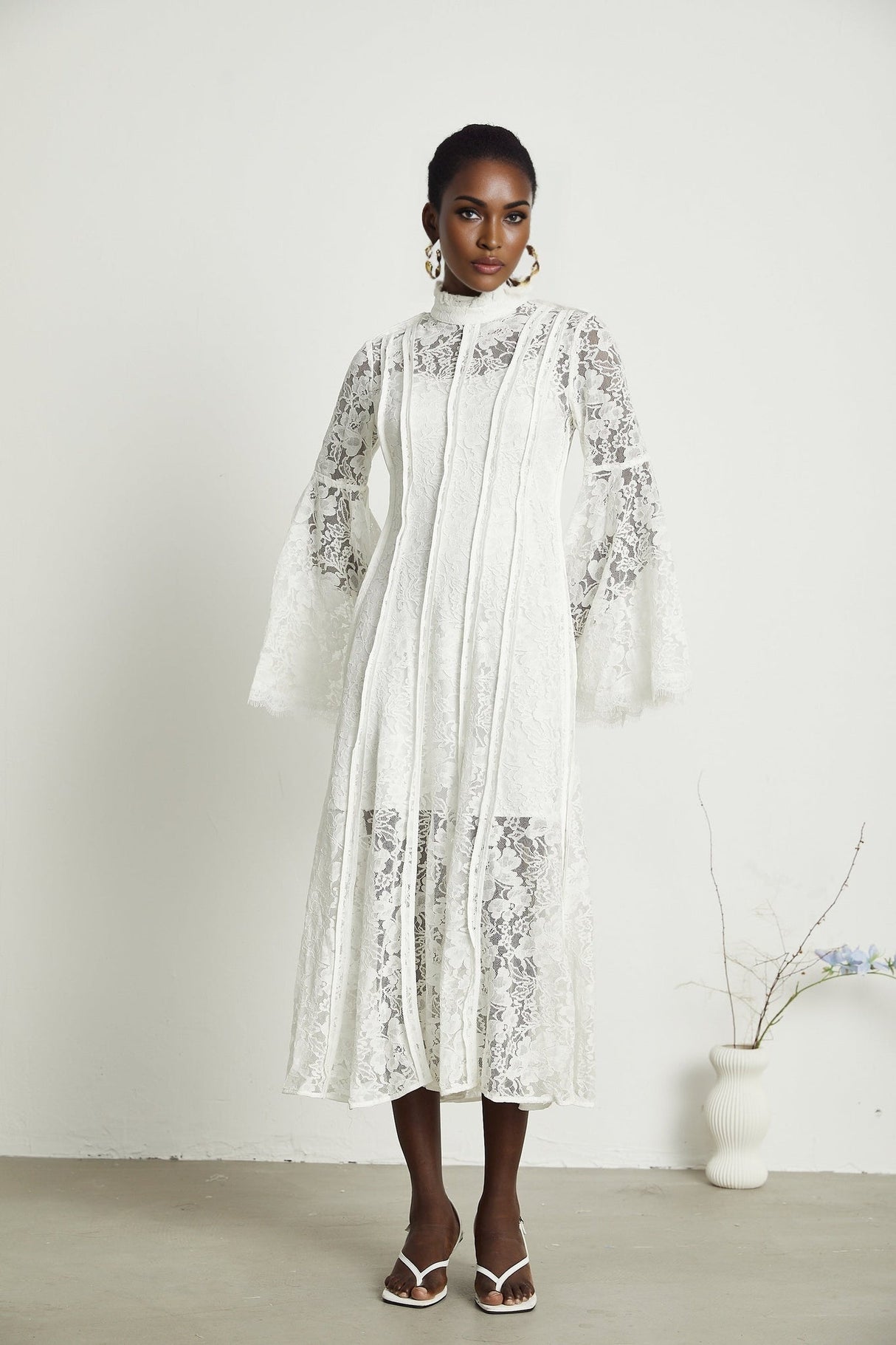 Franca Midi Dress - Flared Sleeves - Lace Trim - Cut - Out Design - A - Line Silhouette