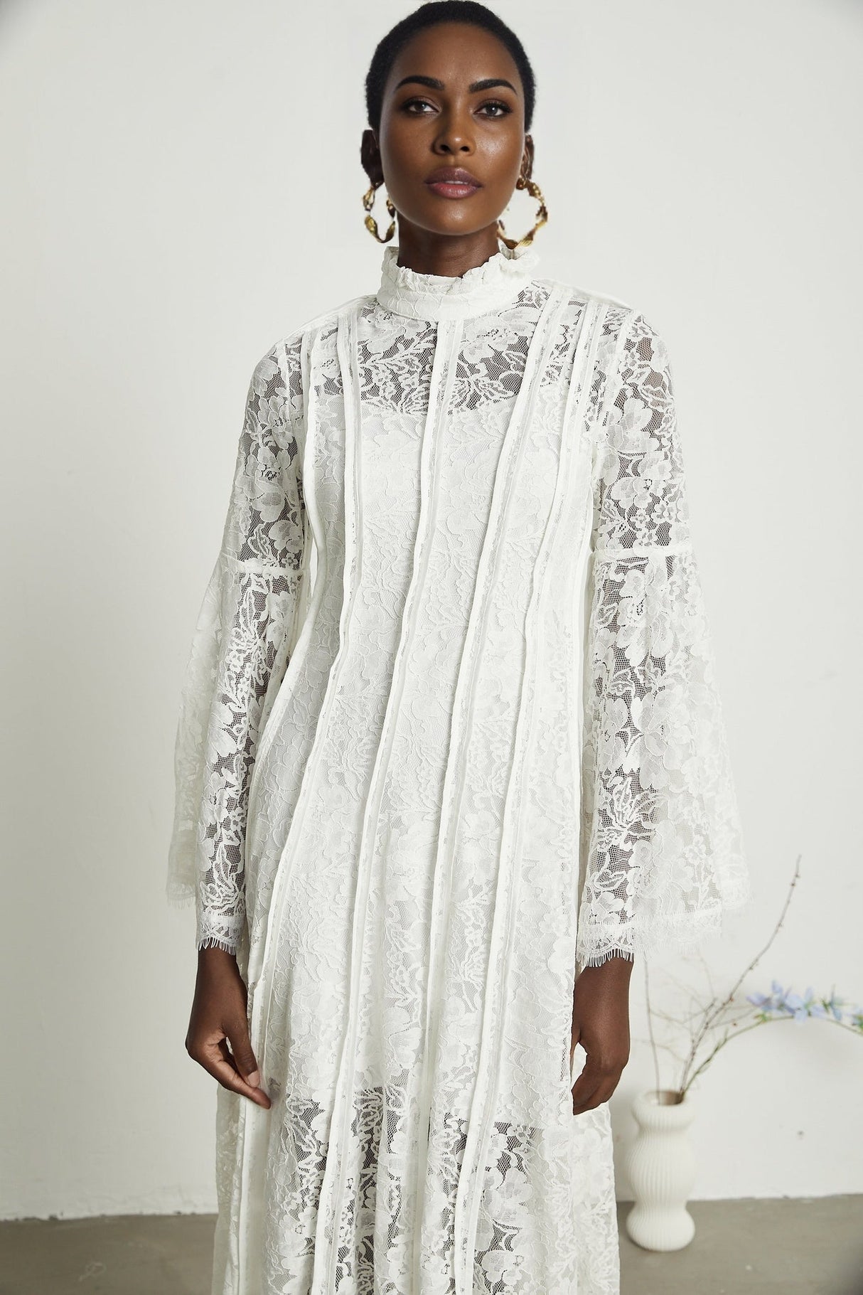 Franca Midi Dress - Flared Sleeves - Lace Trim - Cut - Out Design - A - Line Silhouette
