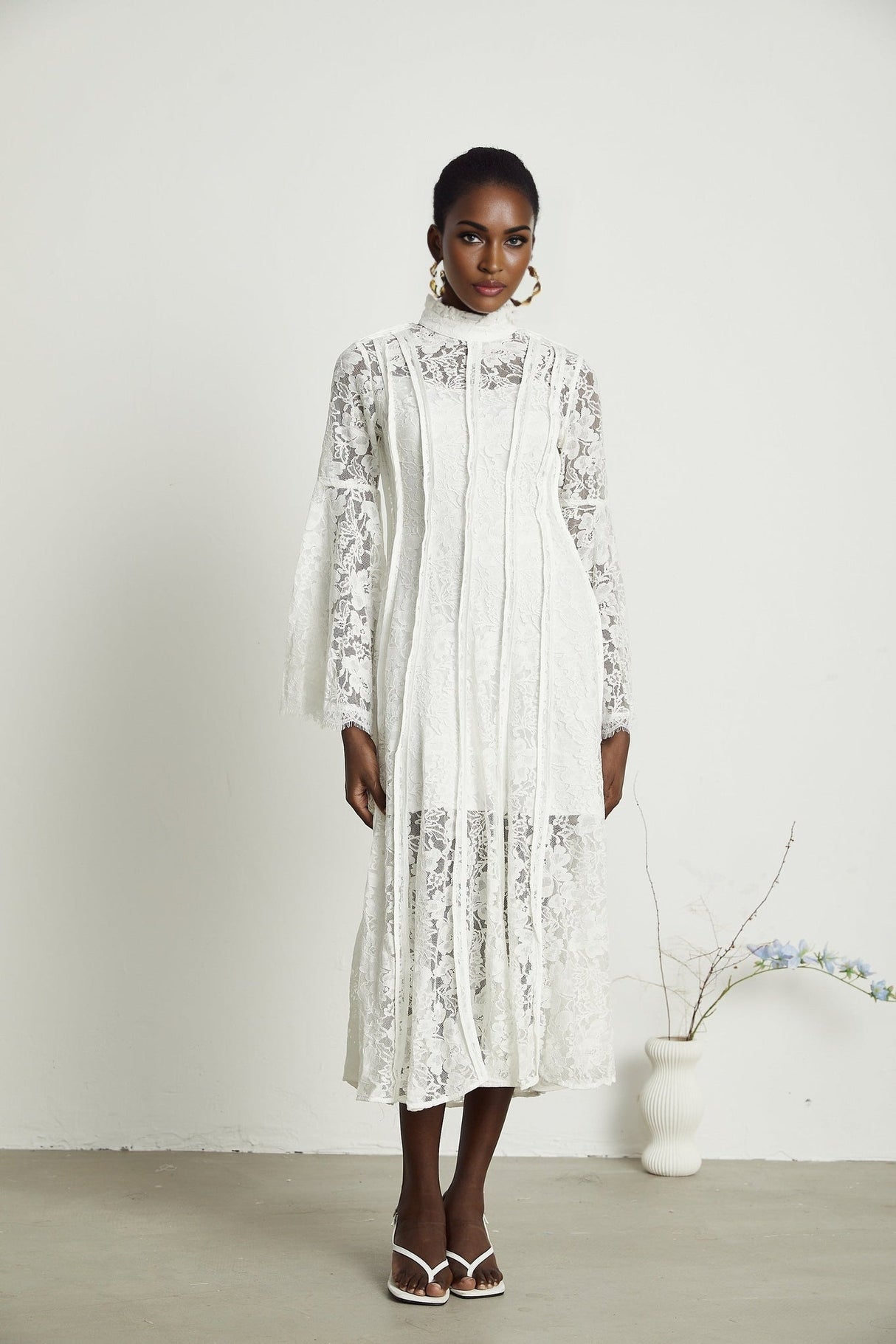Franca Midi Dress - Flared Sleeves - Lace Trim - Cut - Out Design - A - Line Silhouette