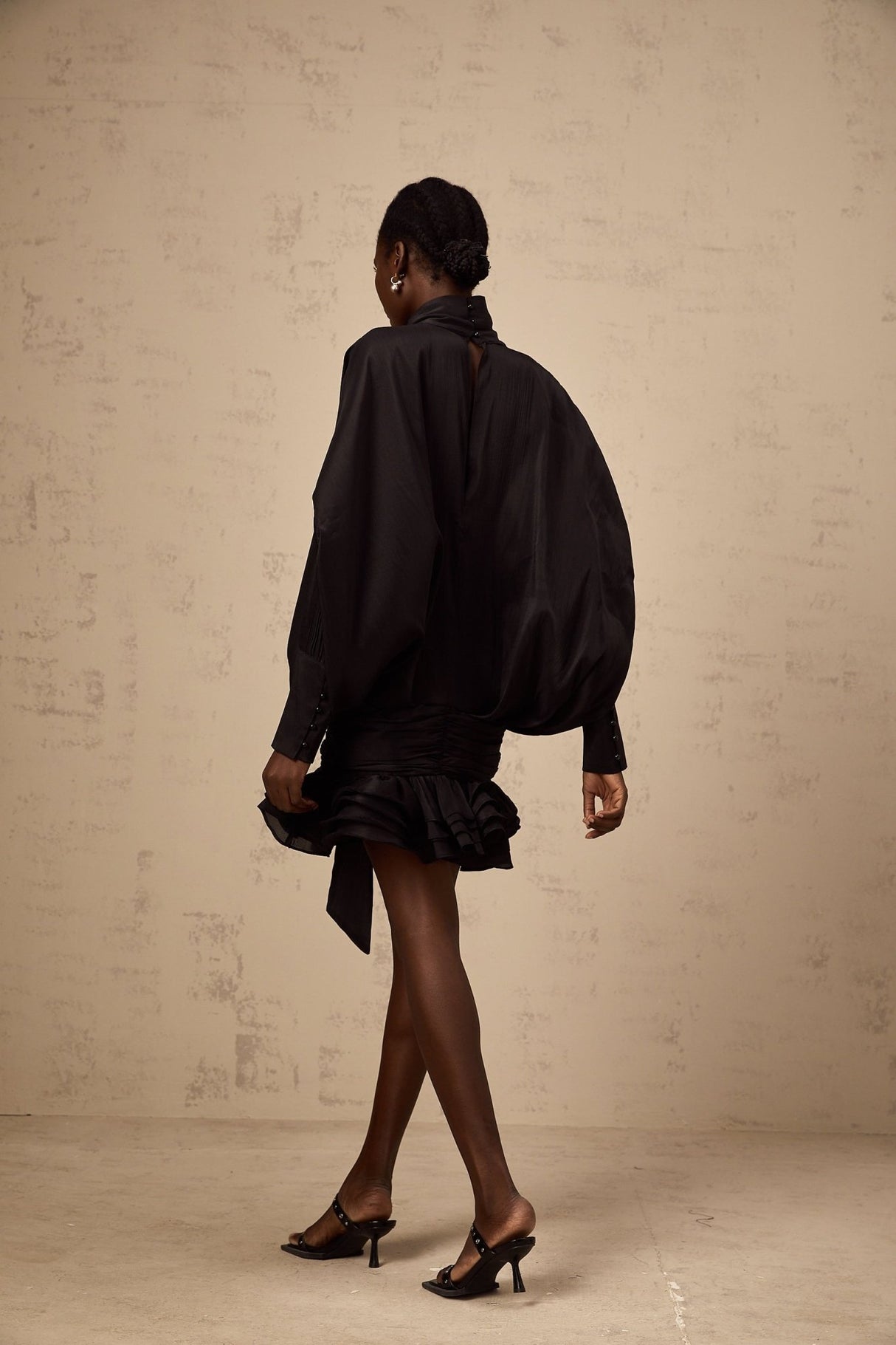 Franca Mini Dress - Pussy - Bow Collar - Puff Sleeves - Pleated Design - Ruffled Hem