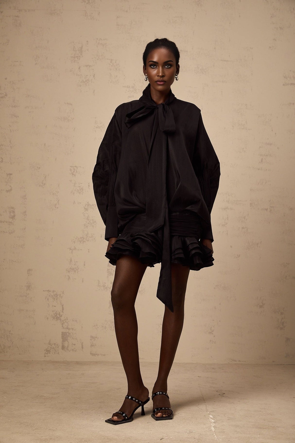 Franca Mini Dress - Pussy - Bow Collar - Puff Sleeves - Pleated Design - Ruffled Hem