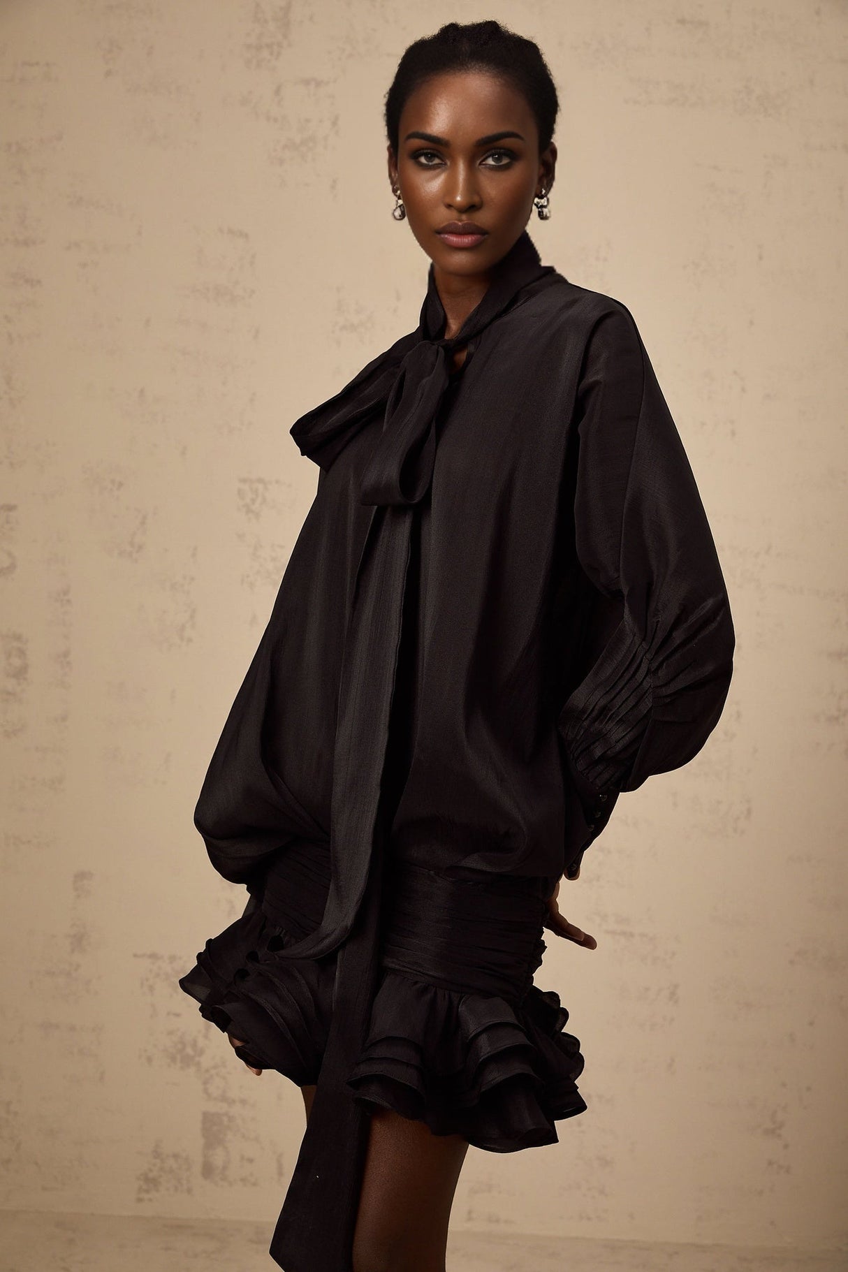 Franca Mini Dress - Pussy - Bow Collar - Puff Sleeves - Pleated Design - Ruffled Hem