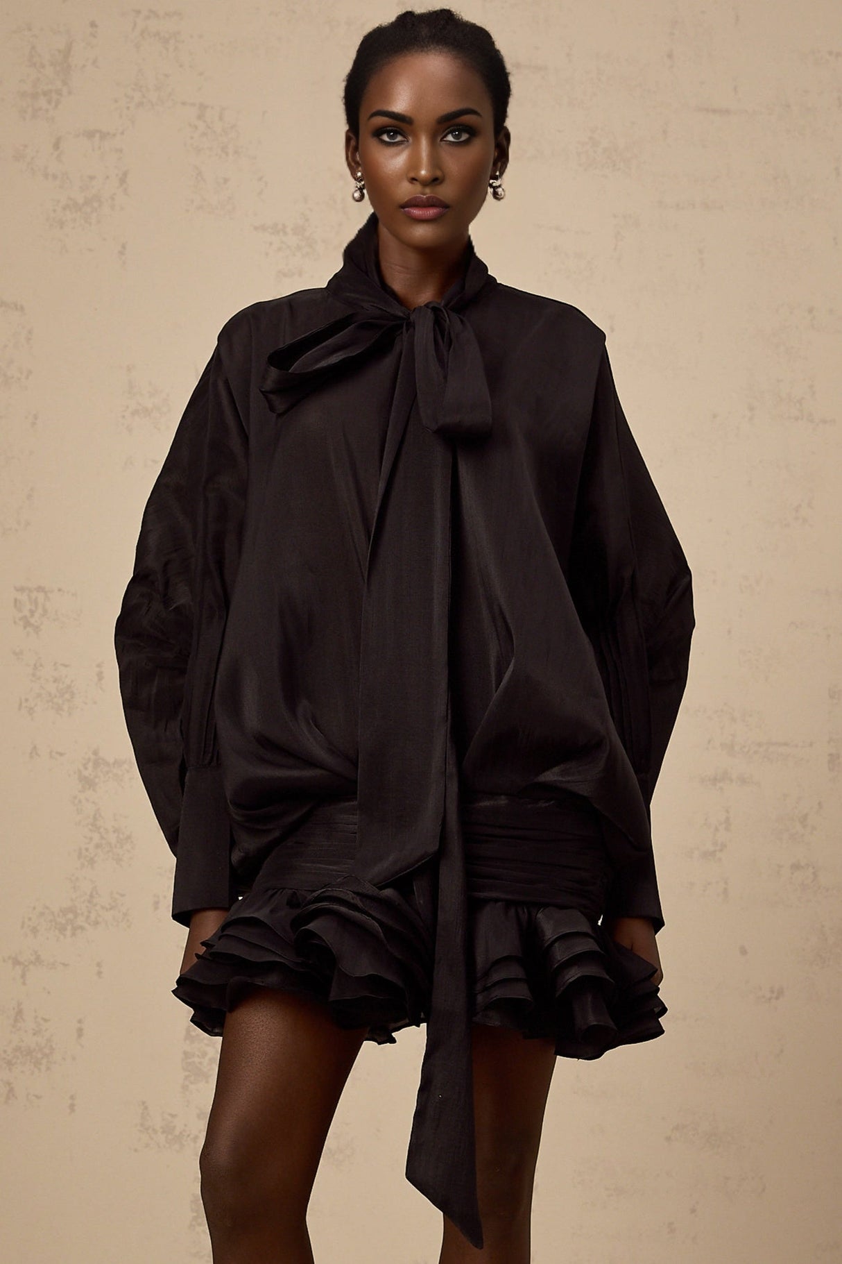 Franca Mini Dress - Pussy - Bow Collar - Puff Sleeves - Pleated Design - Ruffled Hem