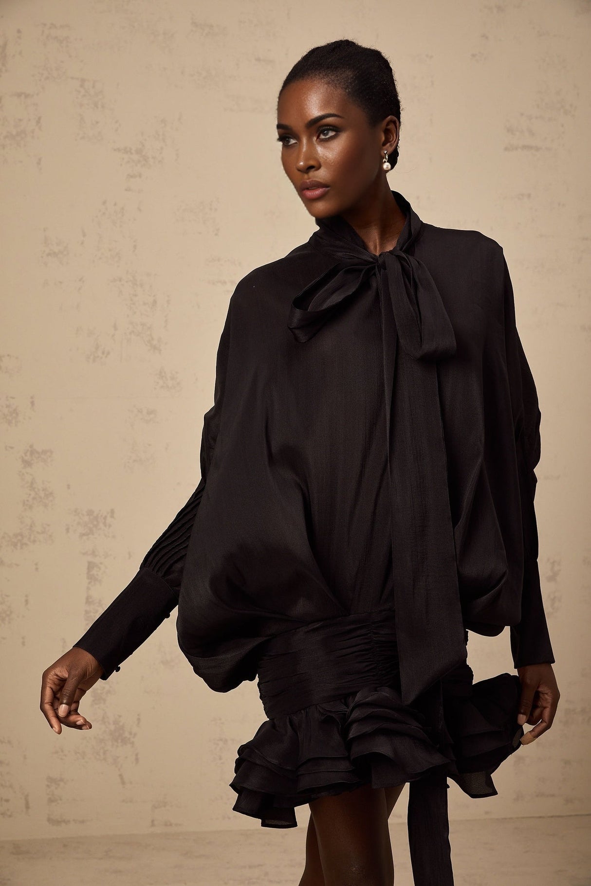 Franca Mini Dress - Pussy - Bow Collar - Puff Sleeves - Pleated Design - Ruffled Hem