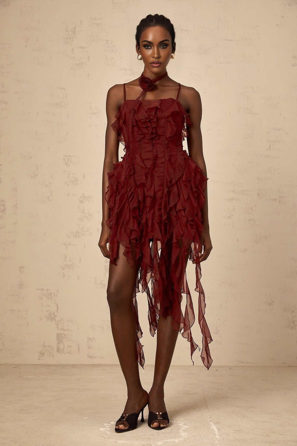 Franca Mini Dress - Square Neck - Sleeveless - Spaghetti Straps - Ruffled Detailing