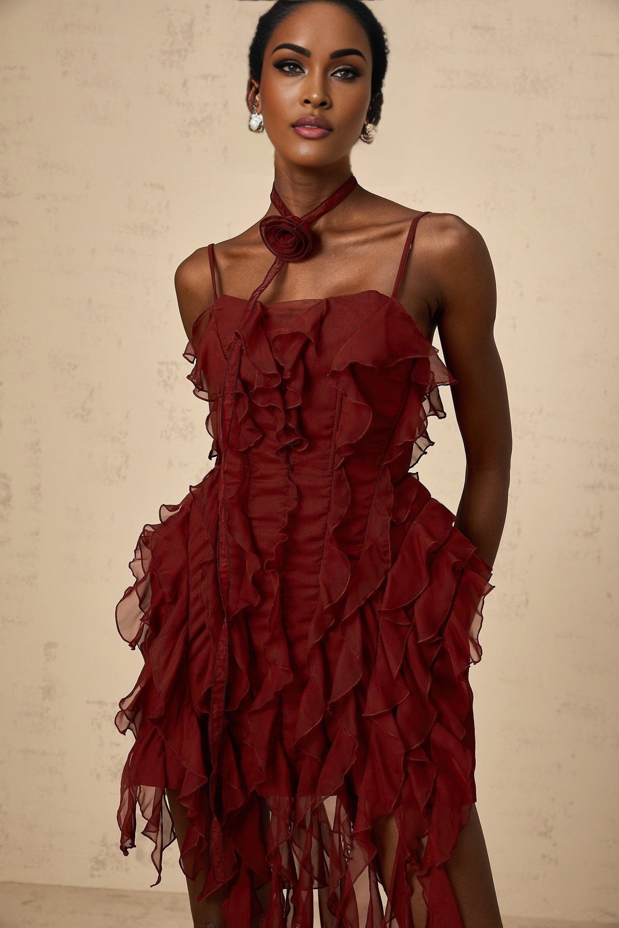 Franca Mini Dress - Square Neck - Sleeveless - Spaghetti Straps - Ruffled Detailing