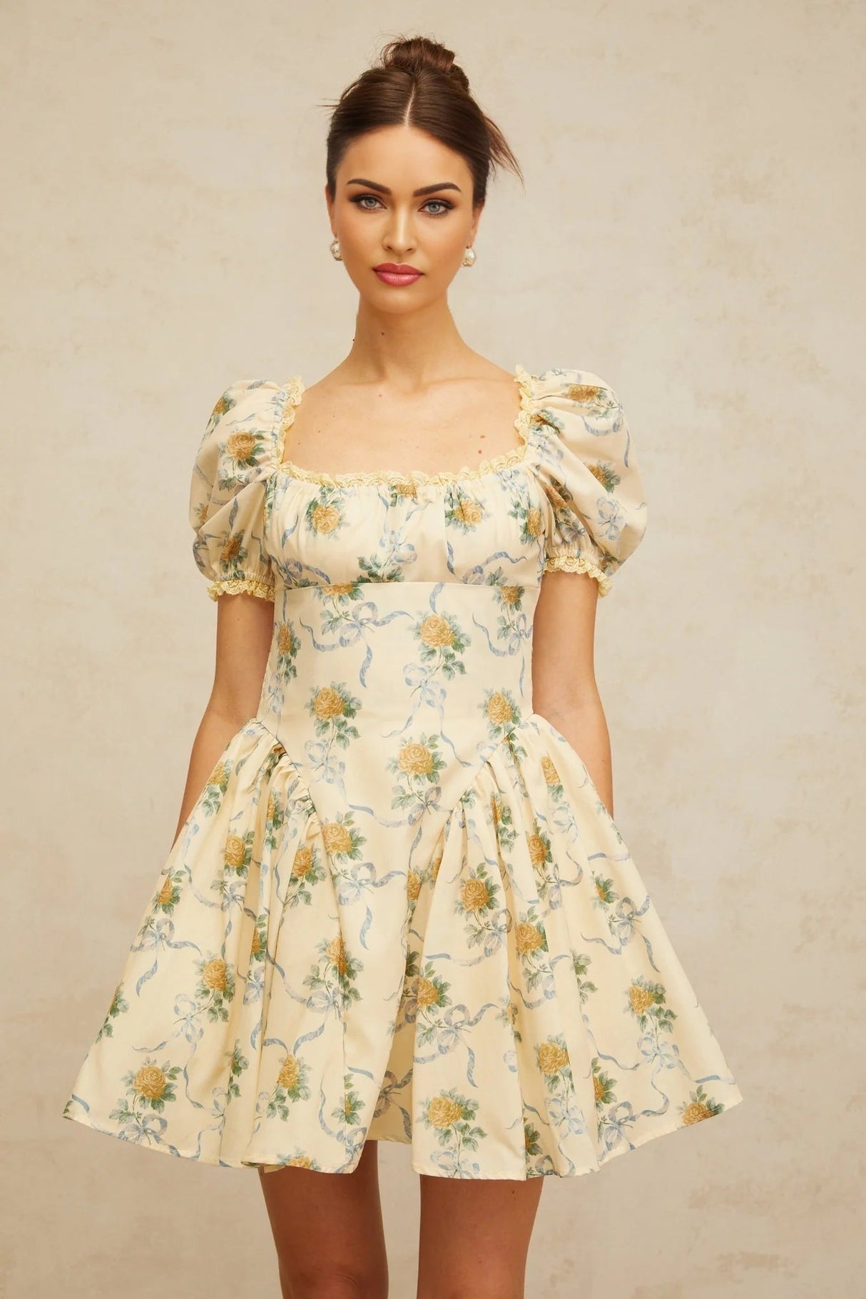 Franca Mini Dress Yellow Floral Shirred & Lace Trim Thigh - Length