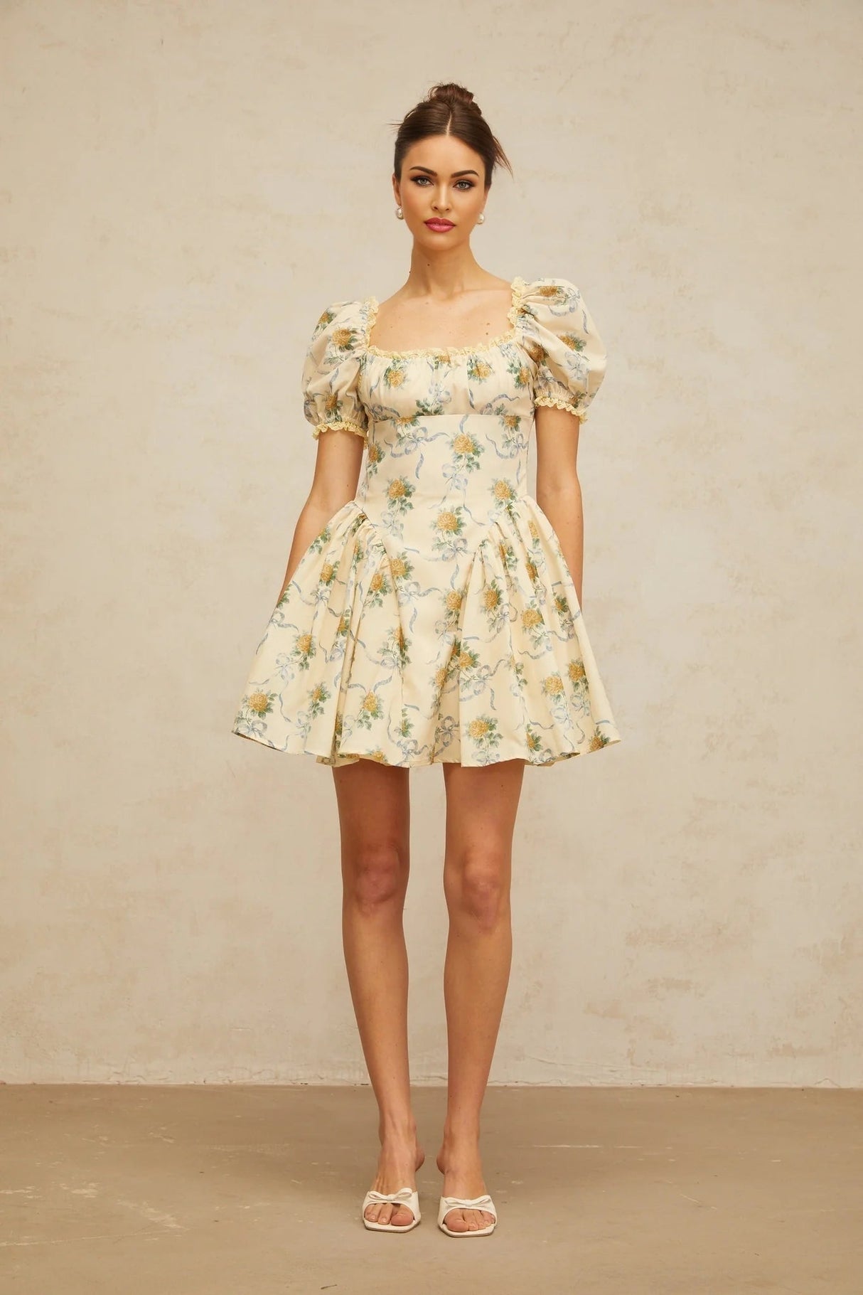 Franca Mini Dress Yellow Floral Shirred & Lace Trim Thigh - Length