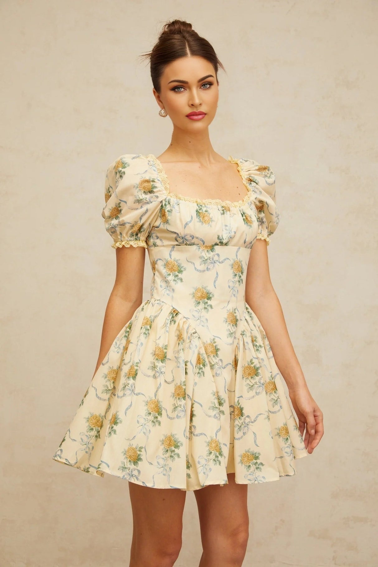 Franca Mini Dress Yellow Floral Shirred & Lace Trim Thigh - Length