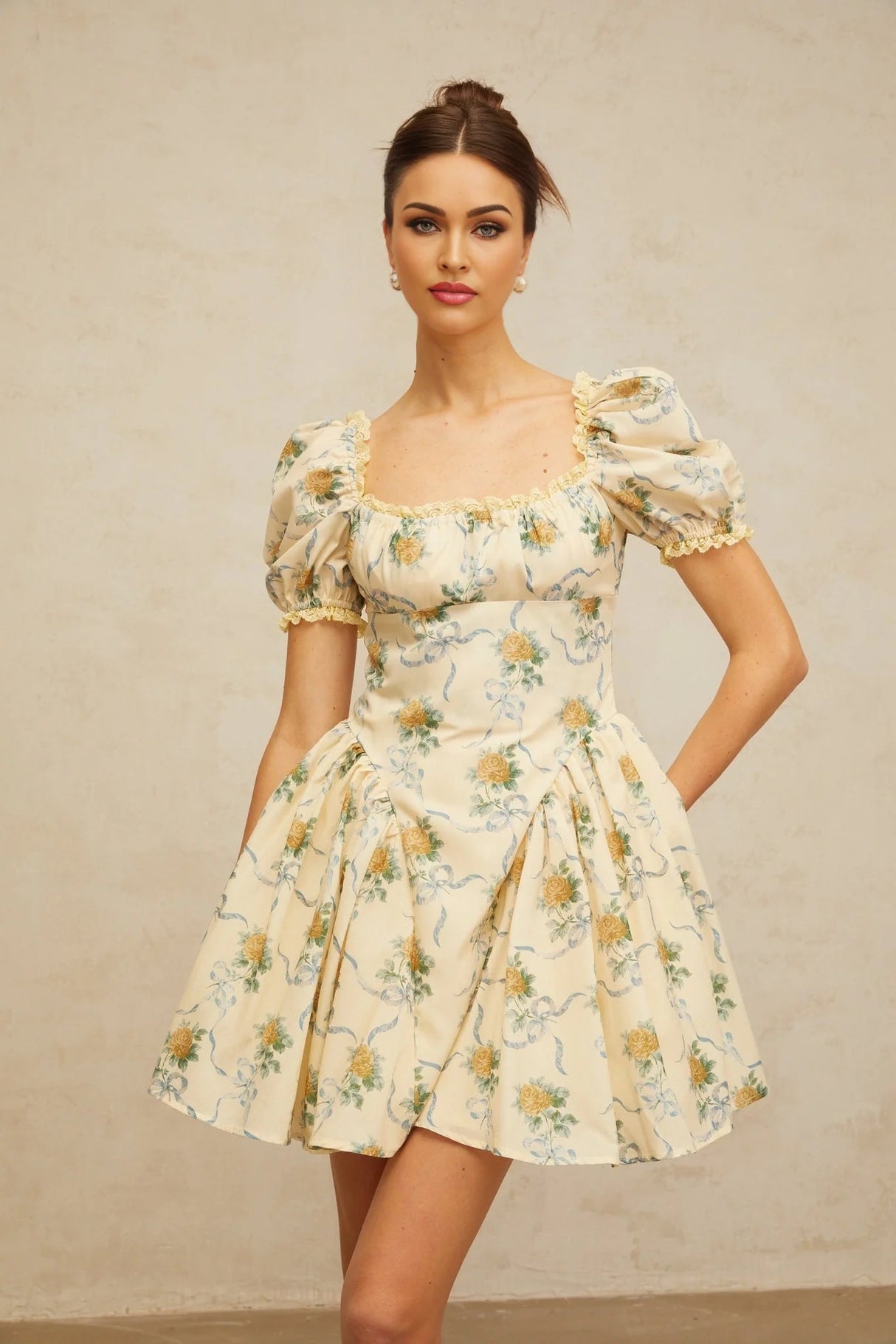 Franca Mini Dress Yellow Floral Shirred & Lace Trim Thigh - Length