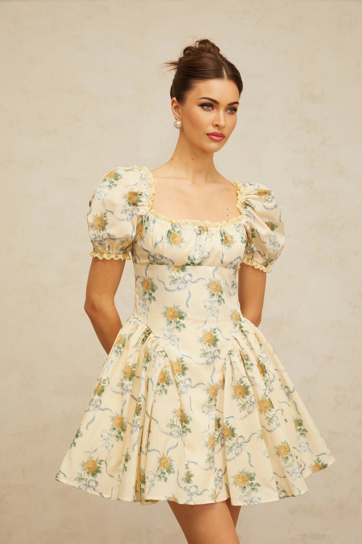 Franca Mini Dress Yellow Floral Shirred & Lace Trim Thigh - Length