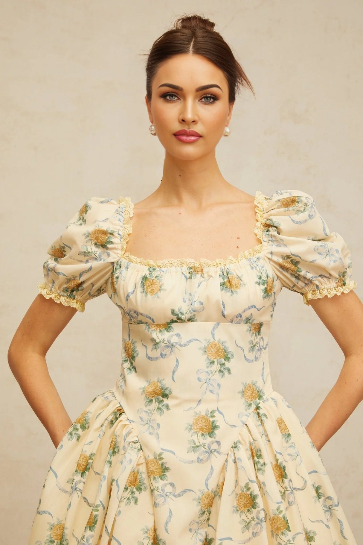 Franca Mini Dress Yellow Floral Shirred & Lace Trim Thigh - Length