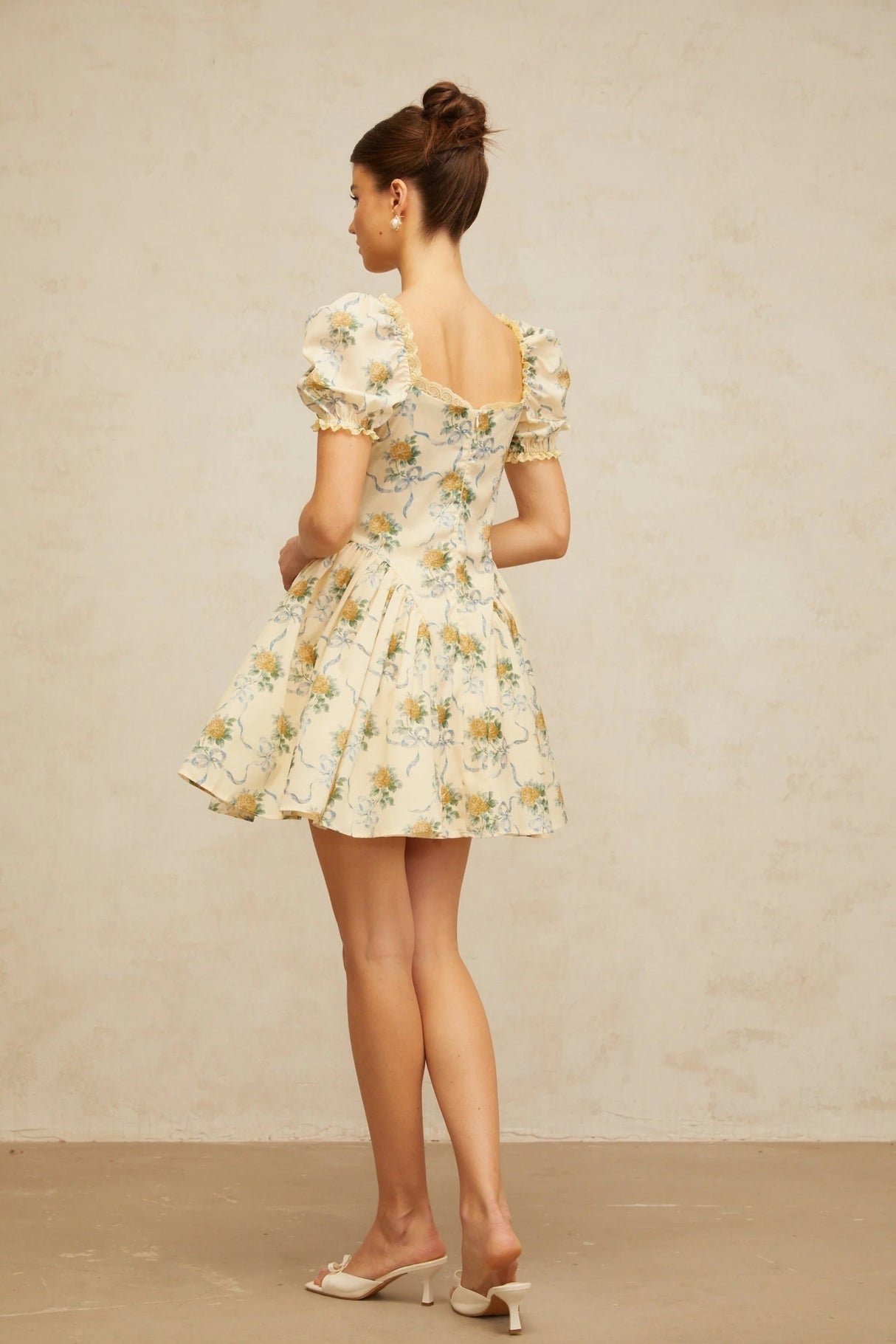Franca Mini Dress Yellow Floral Shirred & Lace Trim Thigh - Length